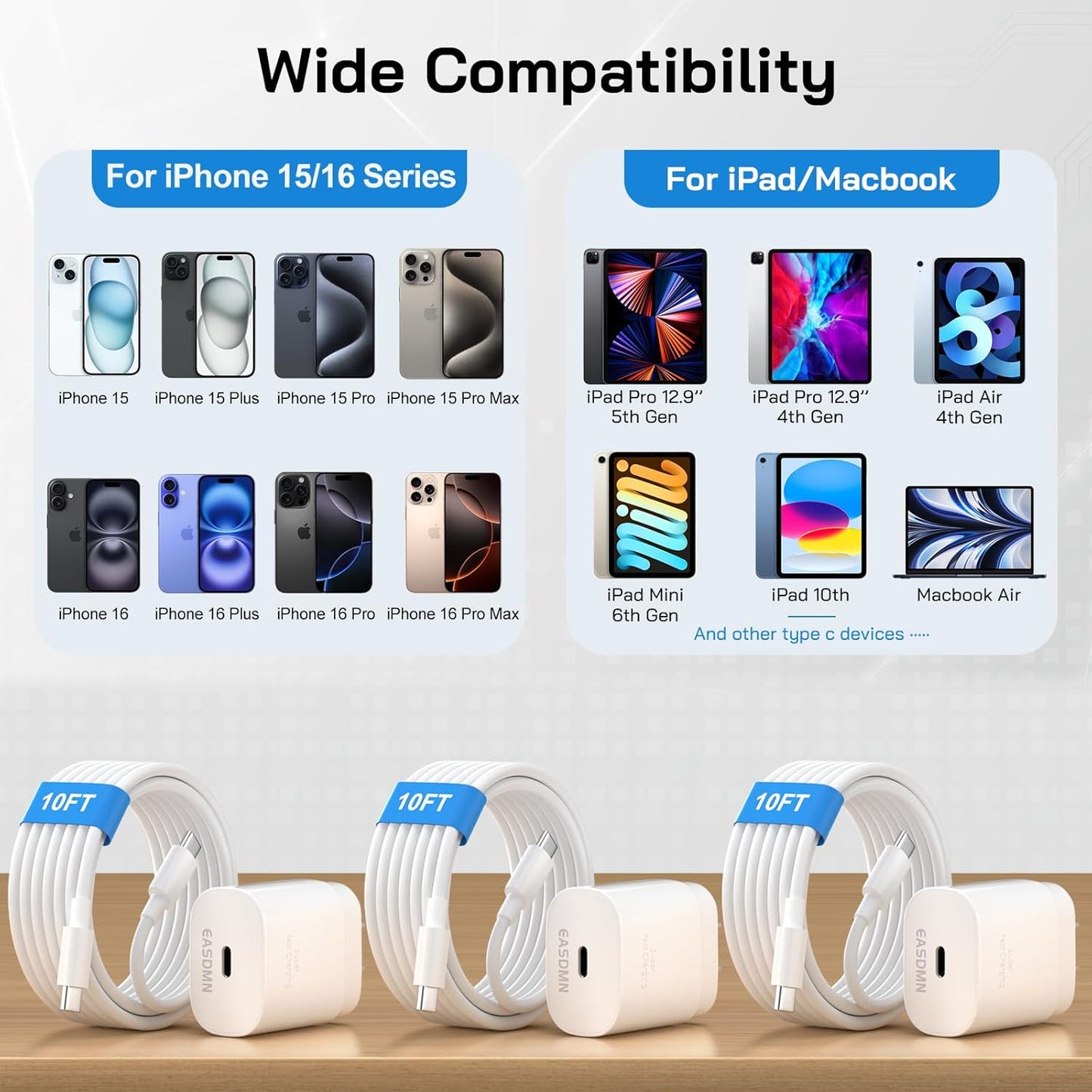 30W USB C i Phone 16 15 Charger Fast Charging, 3PACK Wall Charger for iPhone 16 15 Pro Max Charger Cord 10FT Fast Type C Charger Block for iPhone 16/16 Pro/15 Plus/15 Pro/15 Pro Max, iPad Pro, White