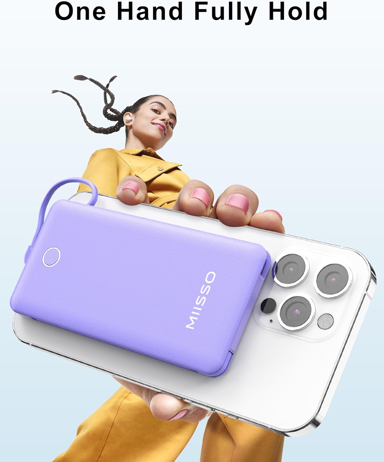 miisso 10000mAh Slim Portable Charger with Built in Cable, Power Bank Travel Charger External Battery Pack for Phone, 4 Output USB Type C Cord Clutch Charger Compatible with iPhone, Purple