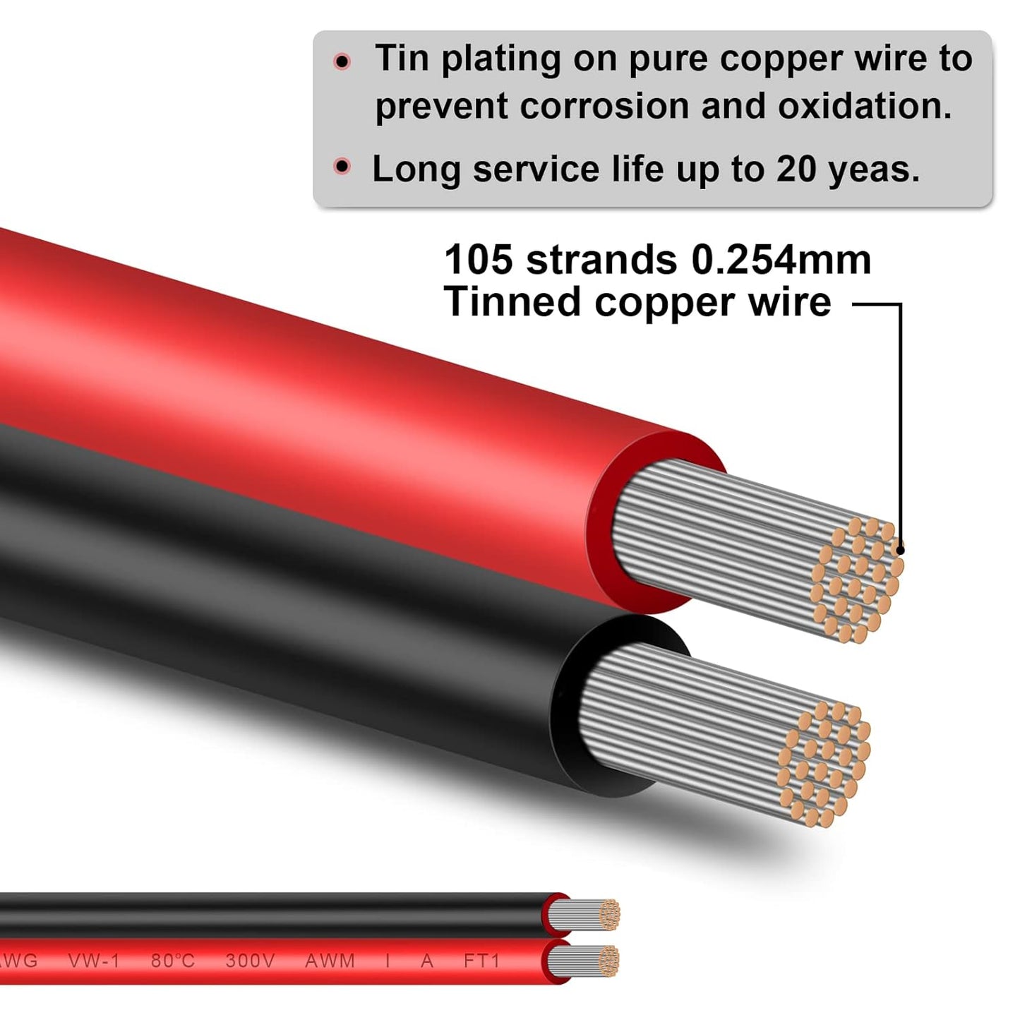 10 Gauge Wire 10FT Tinned Copper Wire - 2 Conductor Parallel Wire Insulated Stranded Wire for Solar Panel Car Audio Automotive, Low Voltage Electrical Wire for LED Lighting (10AWG 10FT)