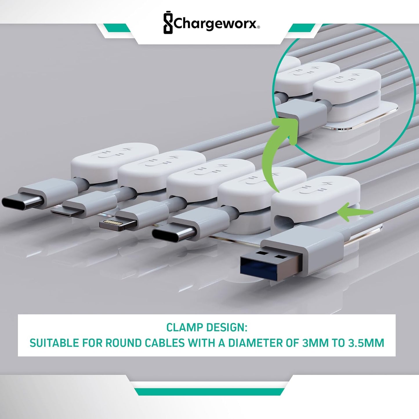 Magnetic Cable Clips [10-Pack] – Chargeworx Cord Organizer for Desk, Nightstand, Car, Wall – Strong Adhesive Wire Holder for USB-C, Lightning, Micro-USB – Tangle-Free, Snap-On, Easy Cable Management