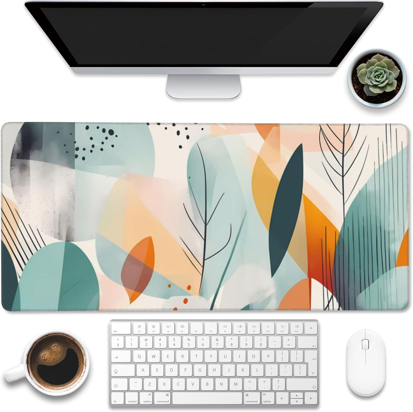 Desk Pad,Abstract Colorful Leaves Desk Mat,Abstract Line Art Large Gaming Mouse Pad for Desk,Extended Big Computer Keyboard Mouse Pad with Non-Slip Base and Stitched Edge,35.4"x15.7"