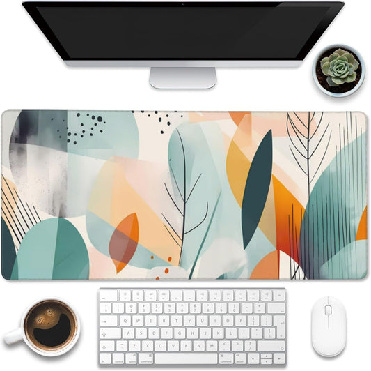 Desk Pad,Abstract Colorful Leaves Desk Mat,Abstract Line Art Large Gaming Mouse Pad for Desk,Extended Big Computer Keyboard Mouse Pad with Non-Slip Base and Stitched Edge,35.4"x15.7"