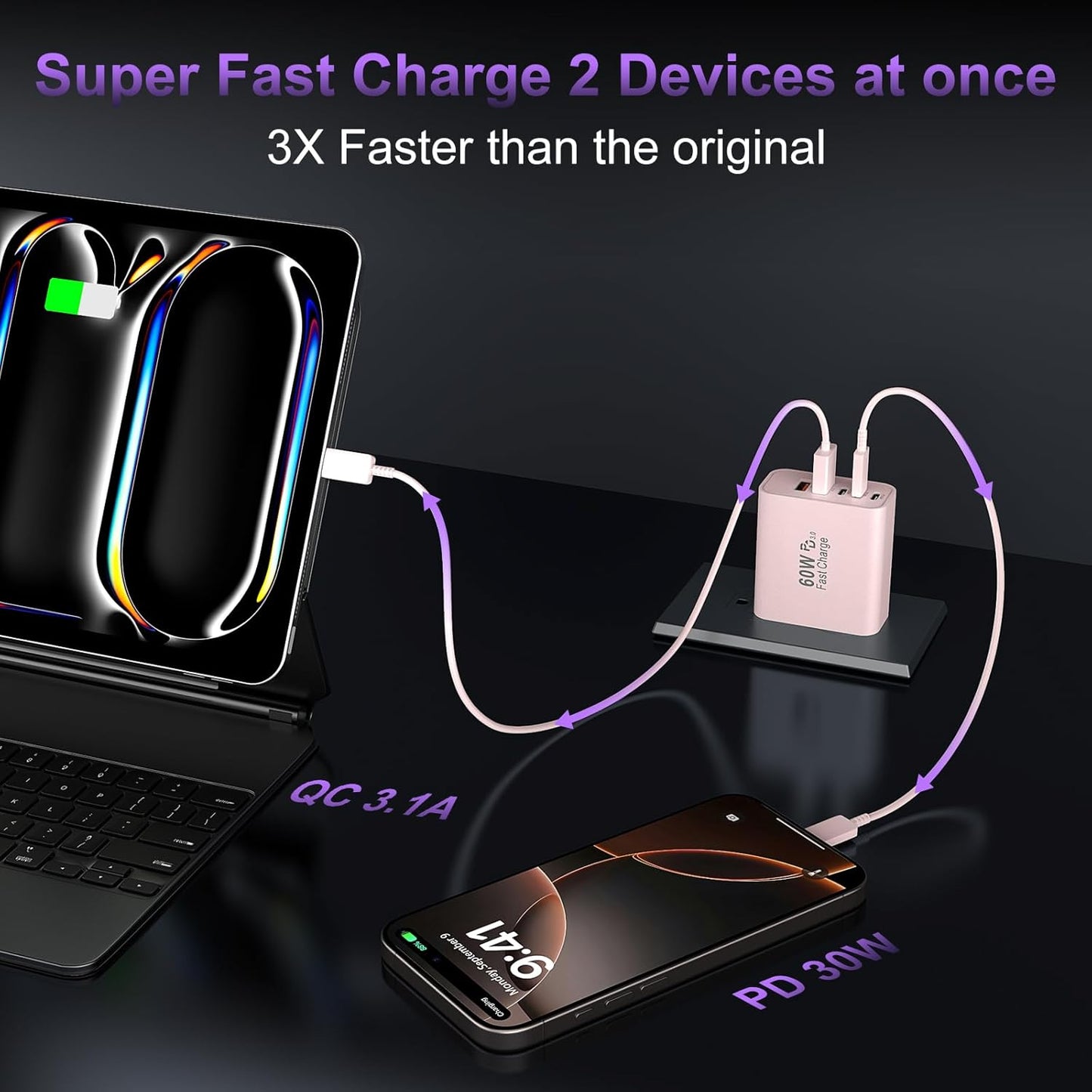 USB C Fast Wall Charger Block, 2Pack 60W USBC Charging Cubes, 5-Port PD+QC Power Adapter Multiport Brick Type C Box Plug for Phone 16/15/14/13/12/11/Pro Max/Plus, Pad Mini/Pro/S25/S24-Pink