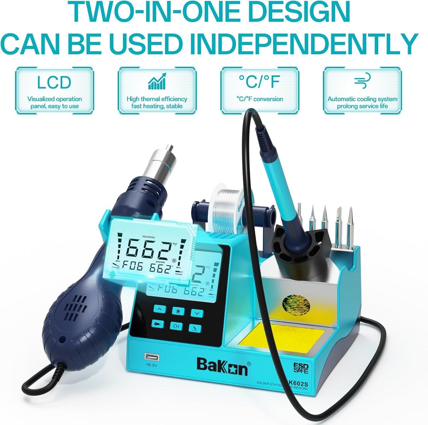 BK602S 2 in1 Soldering Iron Hot Air Rework Station,Digital Soldering Welding Iron Kit for Electronic DIY Circuit Work, Rapid Heat up Solder Station,Auto Sleep,ºC/ºF Conversion