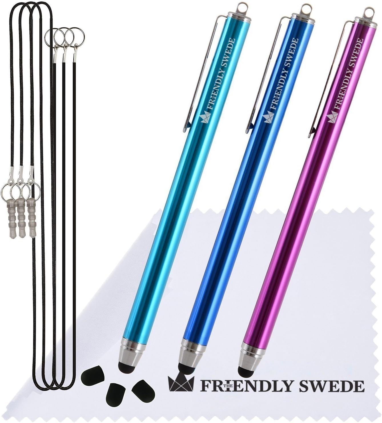 The Friendly Swede Stylus Pen for Touchscreen — 3-Pack 5.5" High Precision Stylus Pen with Replaceable Thin Tips, Elastic Lanyards & Screen Cleaning Cloth - Aqua Blue/Dark Blue/Purple