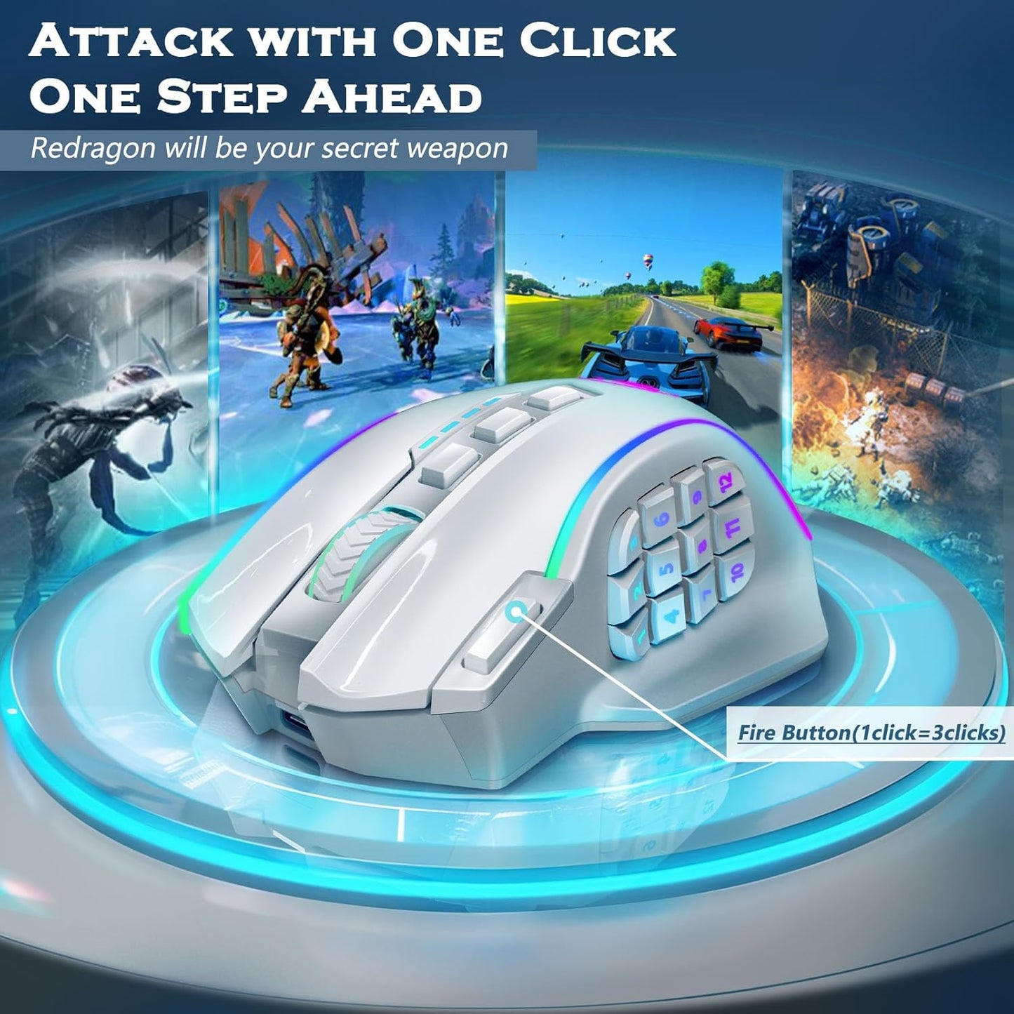 Redragon Wireless Gaming Mouse, MMO Gaming Mouse UP 16,000 DPI, 16 Macro Programmable Buttons, RGB Rechargeable Mouse with 12 Side Buttons, 70Hrs for PC Laptop MOBA FPS, White,M901P-WS