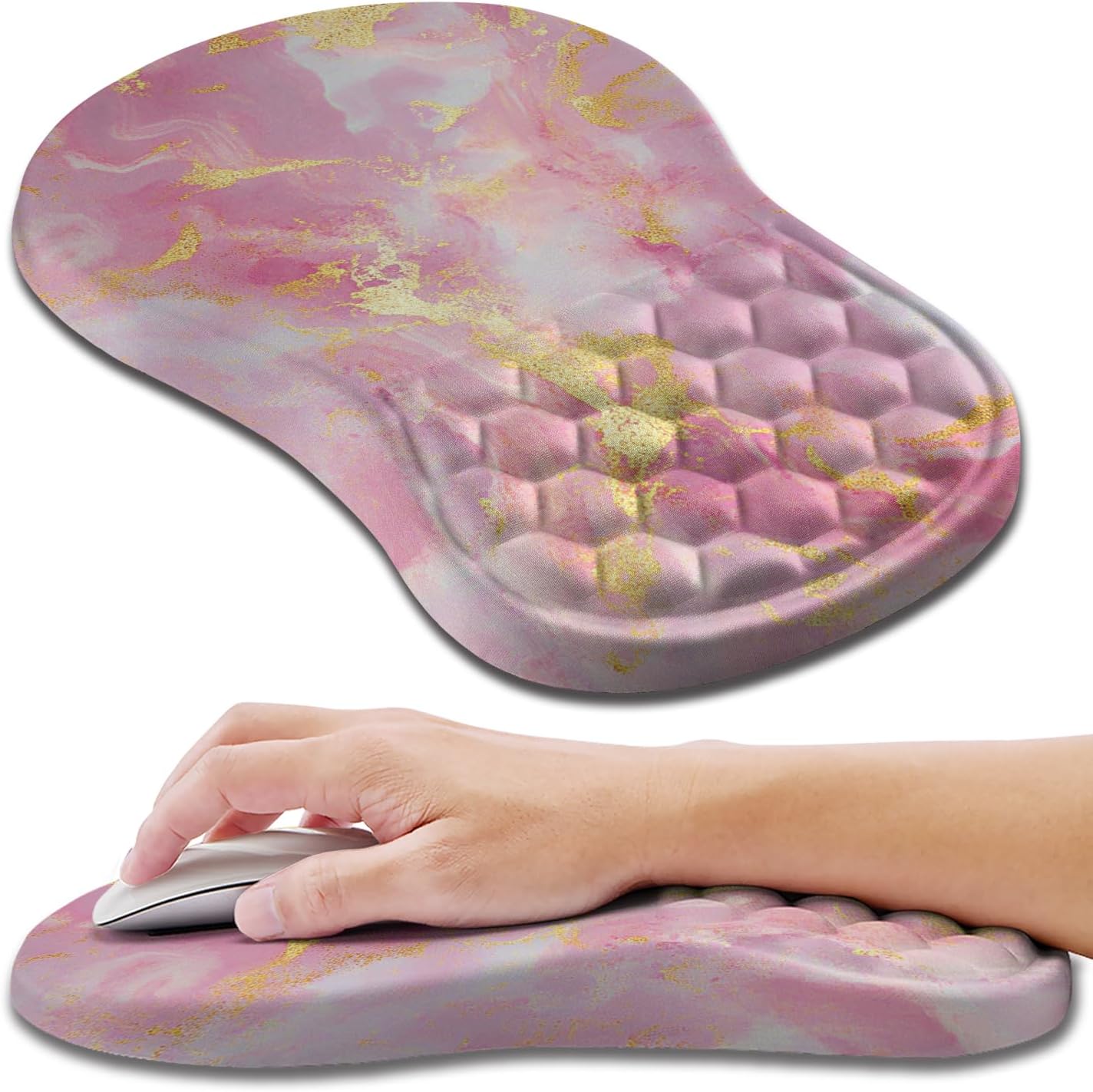 Hokafenle Ergonomic Mouse Pad Wrist Support, Wrist Rest Mousepad for Carpal Tunnel Pain Relief with Integrated Memory Foam Slope Massage Bulge (11.8x7.9 inch,Pink Gold Marble