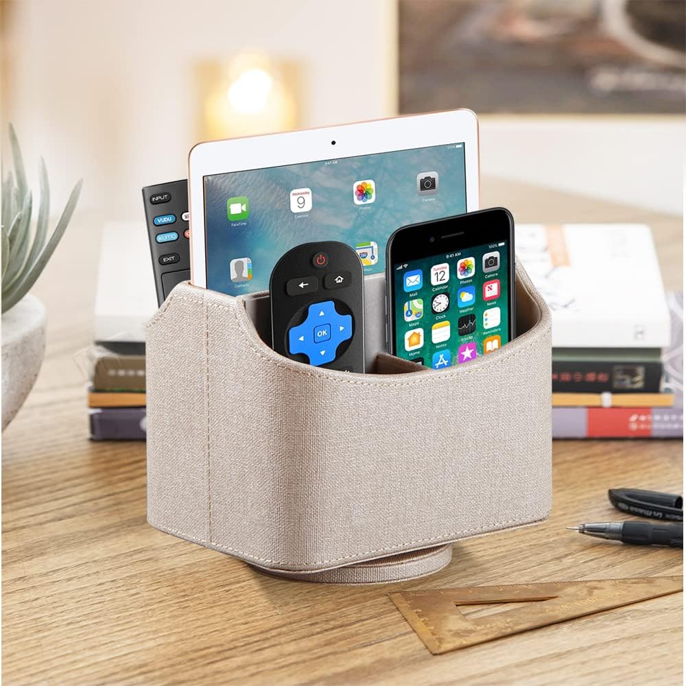 Fanousy 360° Rotating Remote Control Holder, PU Leather TV Remote Caddy Organizer Basket Storage Box with 5 Compartments for Pen, Pencil, Art Supplies, Makeup Brush, Office Desk Table Accessories