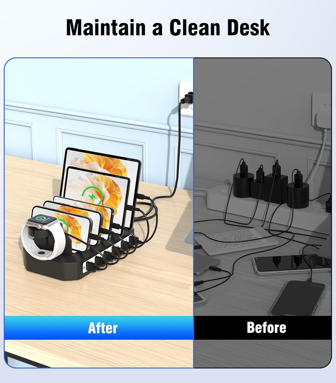 [2025 Upgraded] 6 IN 1 Fast Charging Station for Multiple Device【Durable & Safe Charging】6 Ports Charging Dock Organizer with 6 Cables & 2 Stands for Cellphone/Tablet/Kindle/iWatch & Other Electronic