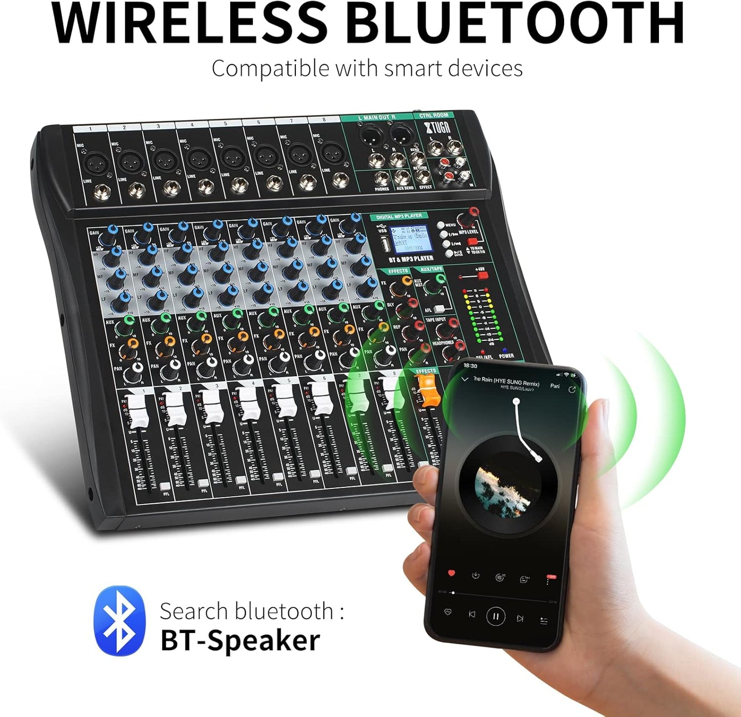 XTUGA 8 Channel Audio Mixer Sound Board Mixing Console, Audio Interface PC USB Bluetooth with 48V Phantom Digital Effect for DJ Live Recording Studio Karaoke(CT80)