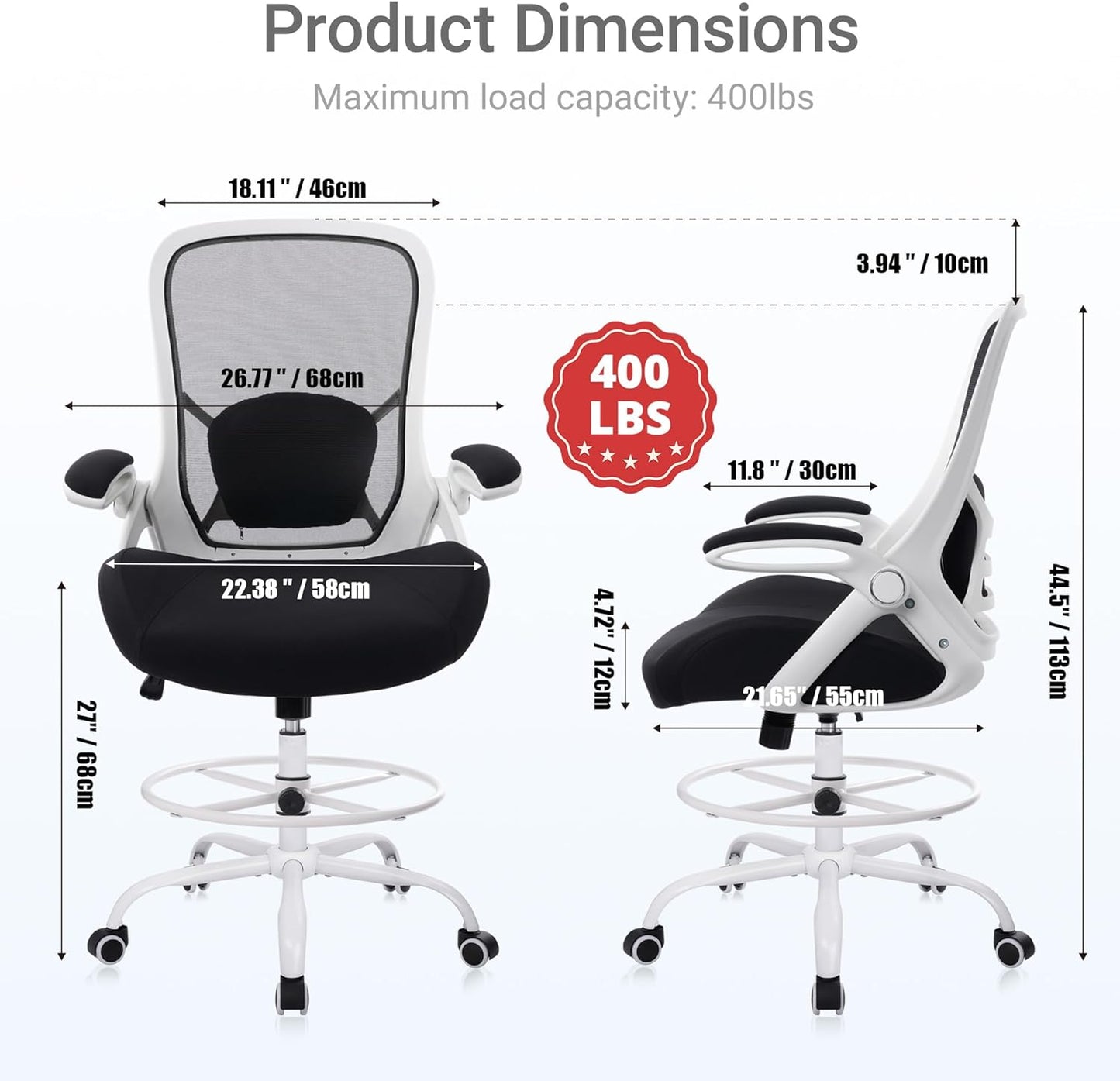 HYLONE 400lbs Heavy Duty Drafting Chair 5" Thickened Seat Office Chair with Flip-Up Armrests Tall Ergonomic Computer Chair with Lumbar Support and Adjustable Footrest Ring Standing Desk Chair (Black)