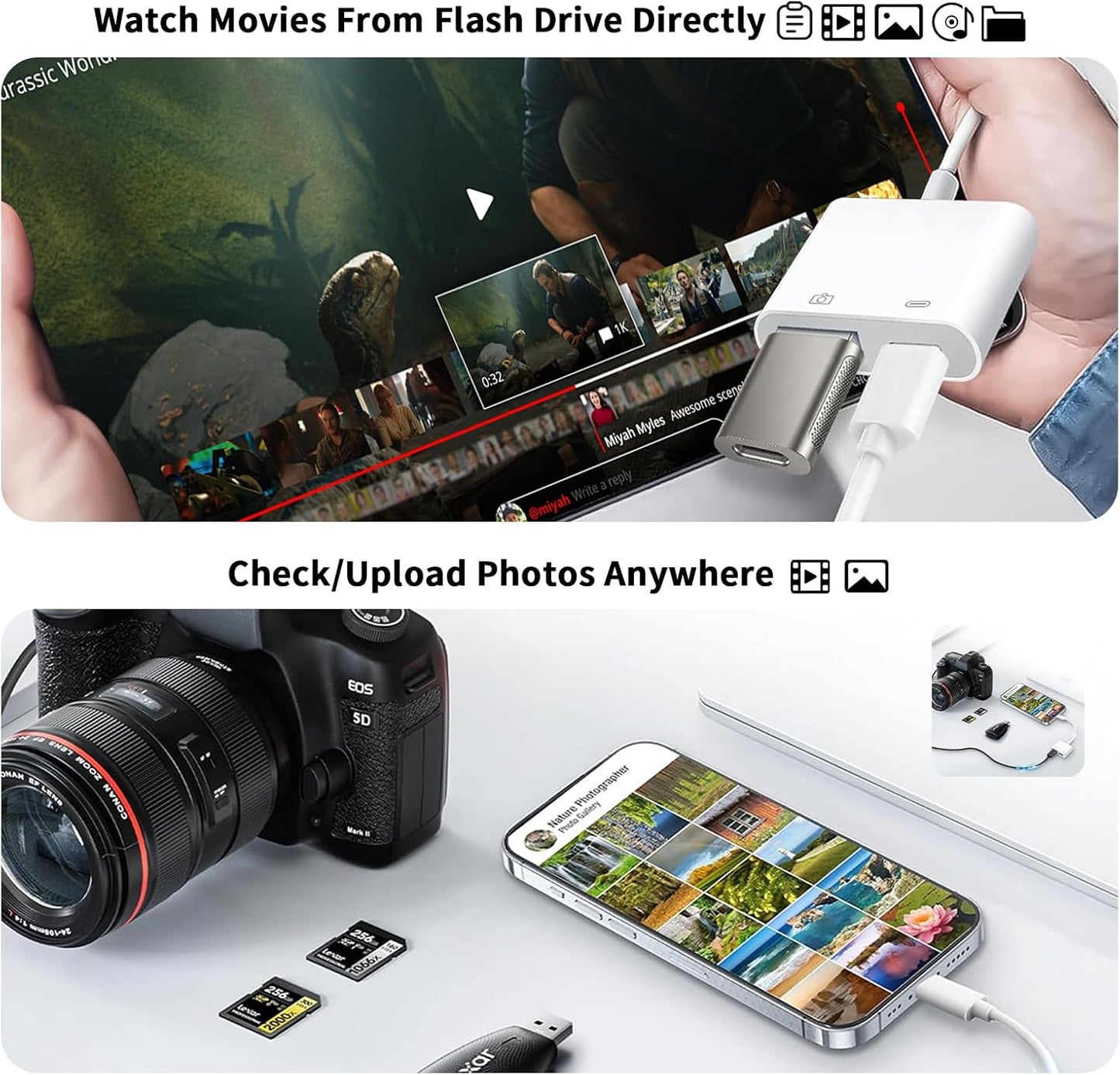 [Apple MFi Certified] Lightning to USB Camera Adapter for iPhone, iPad to USB 3.0 Female OTG Adapter with Charging Port, Plug and Play, Support Card Reader, USB Flash Drives, Keyboard