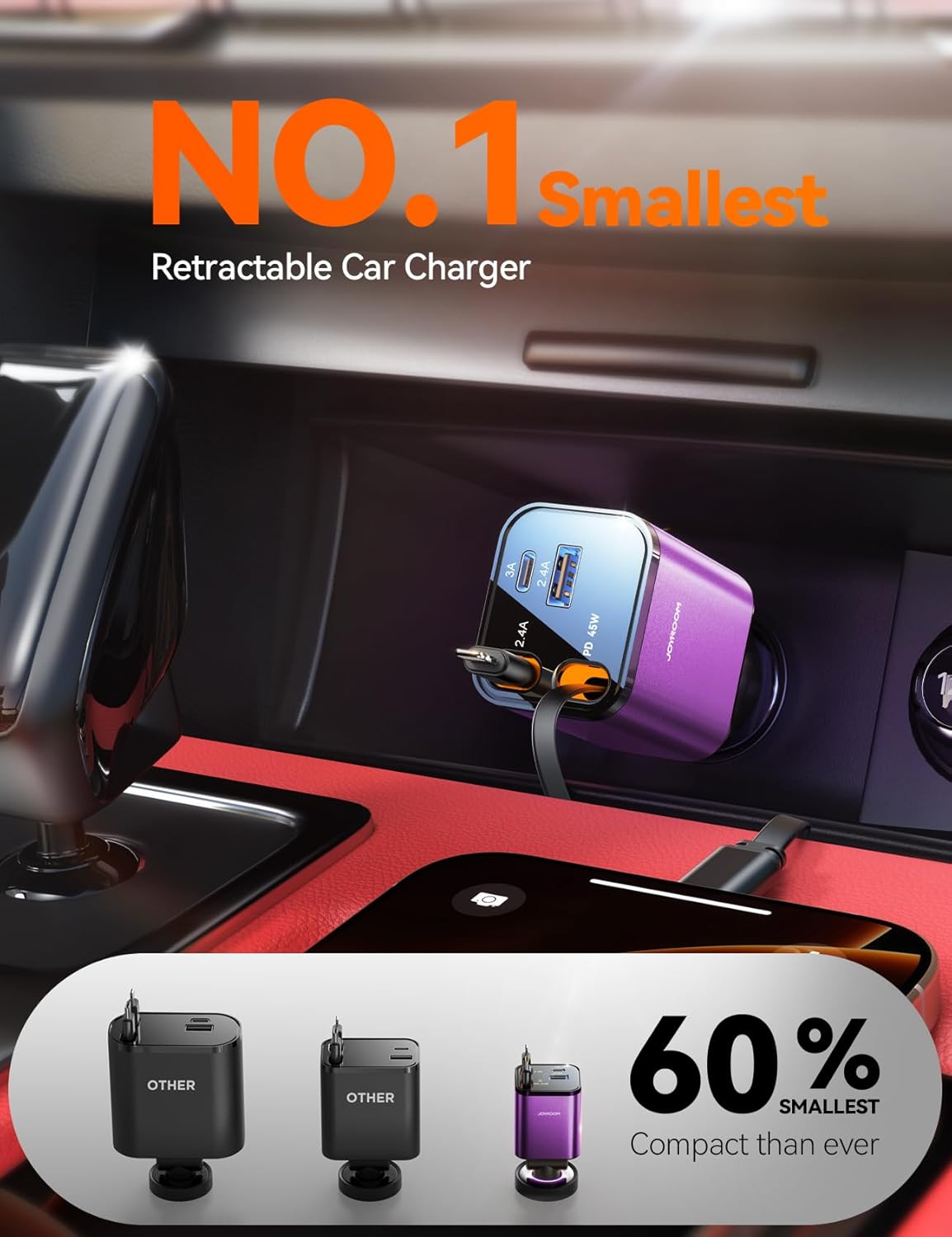 [2025 Ultra-Compact] Retractable Car Charger USB C 84W Car Accessories Adapter for iPhone 16 Fast Charging, Car Travel Essentials Gifts for Women Men, Car Phone Charger for iPhone15 Pro Max, Purple