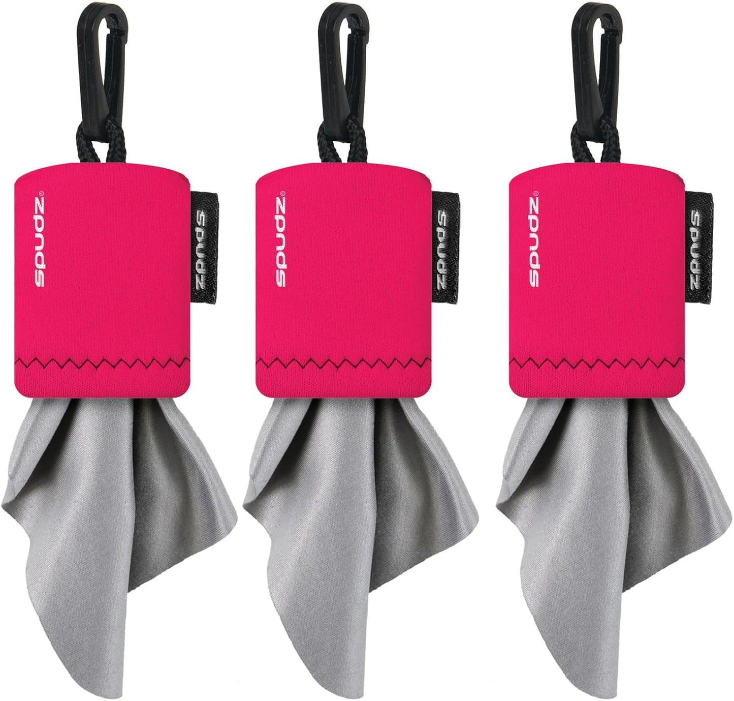 SPUDZ Classic Microfiber Lens Cleaner – Clip-On Pouch, Washable – for Binoculars, Scopes, Glasses, Screens | Pink, 6 x 6 Inch (3-Pack)