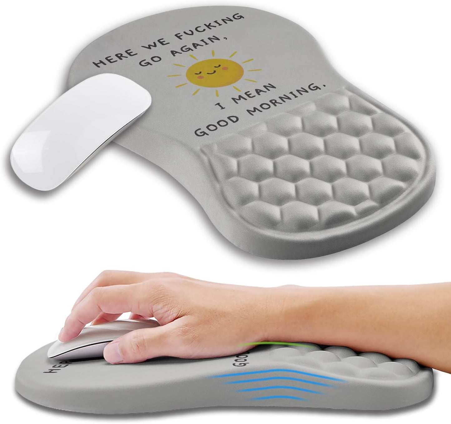 Ergonomic Mouse Pad Wrist Support with Memory Foam Massage Bulge, Carpal Tunnel Pain Relief Mousepad Wrist Rest for Mouse(12x8 inch, Good Morning)