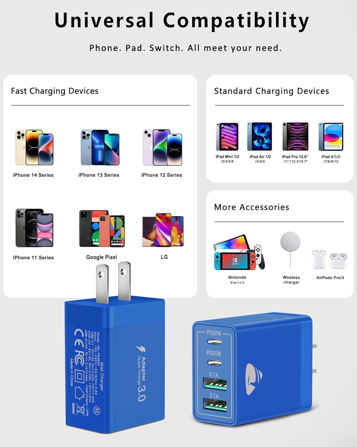 [2-Pack] USB C Wall Charger, 40W Fast USB C Charger Block, 4-Port PD + QC Wall Plug Multiport Type C Charging Block for iPhone 16 15 14 13 12 11 Pro Max XR XS 8 7, Tablets, Cellphones Cube