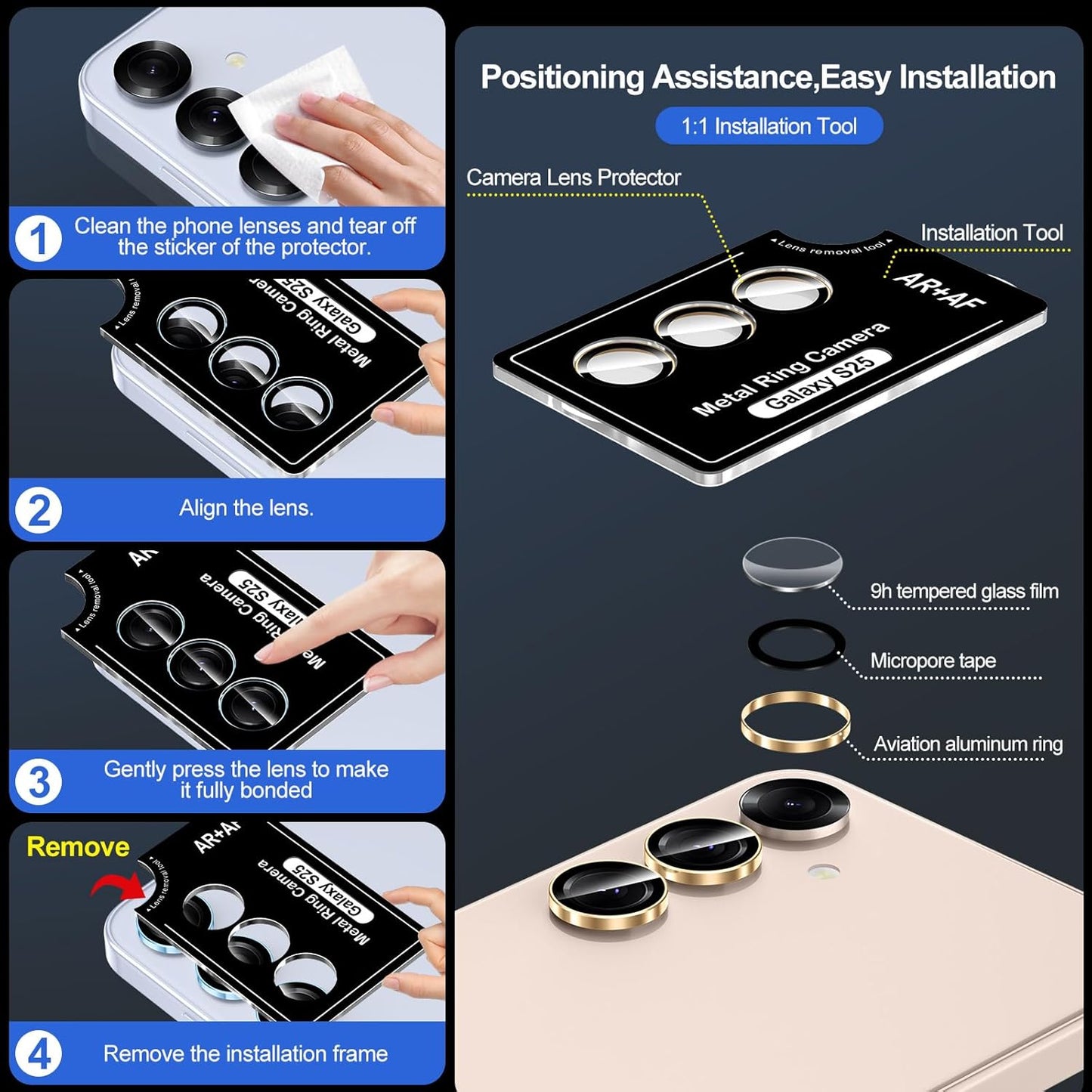 for Samsung Galaxy S25 Camera Lens Protector, Individual Metal Ring Tempered Glass Lens Cover, [Strong Adsorption] Scratch Resistant Ultra-Thin HD Clear Lens Cover, 1 Set-Gold Ring