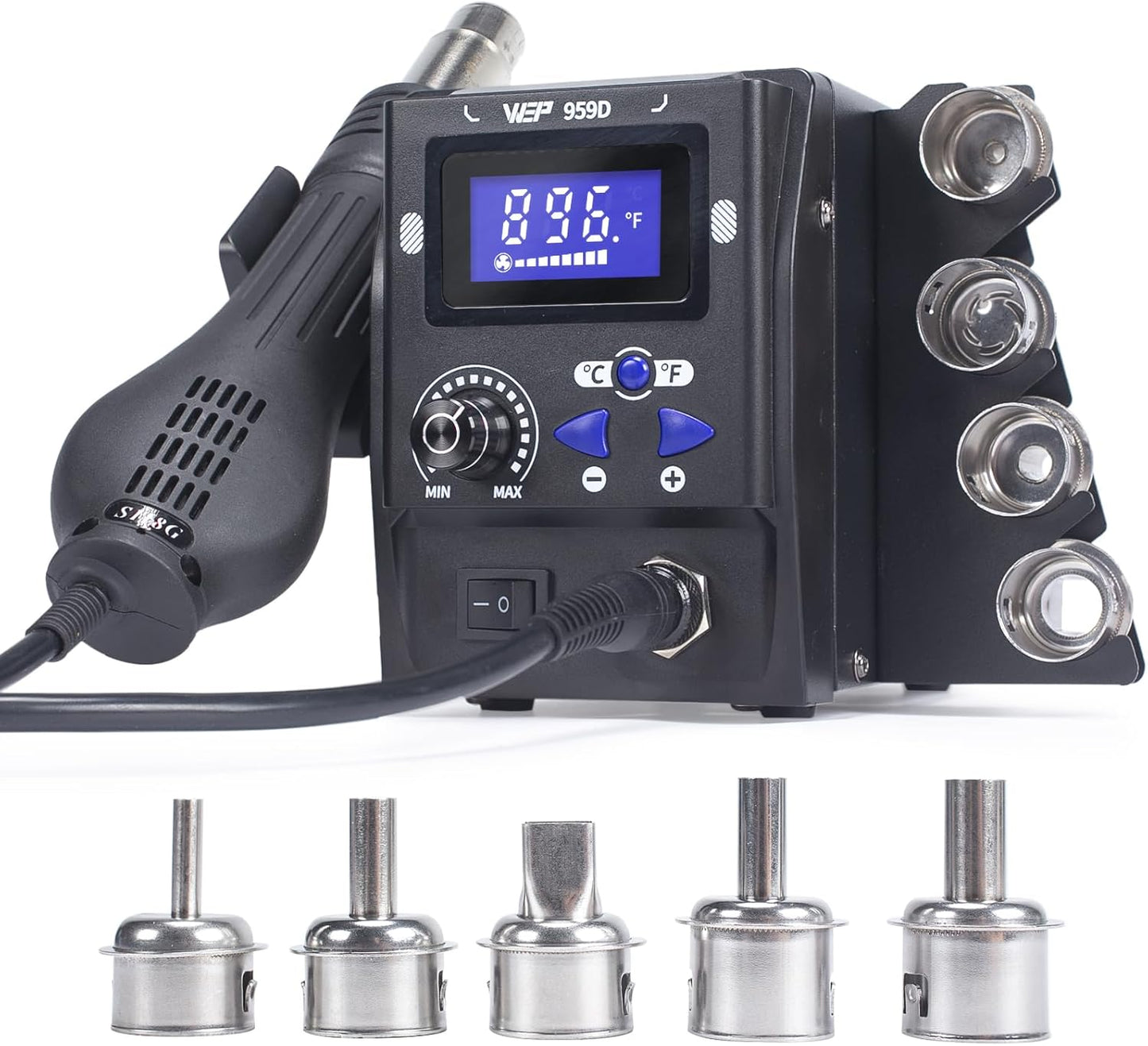 WEP 959D Hot Air SMD Soldering Rework Station with Quick-Change Nozzle System, Nozzle Holder, 5 Additional Nozzles, Adjustable Temperature, °C/°F Conversion and Buzzer Prompt
