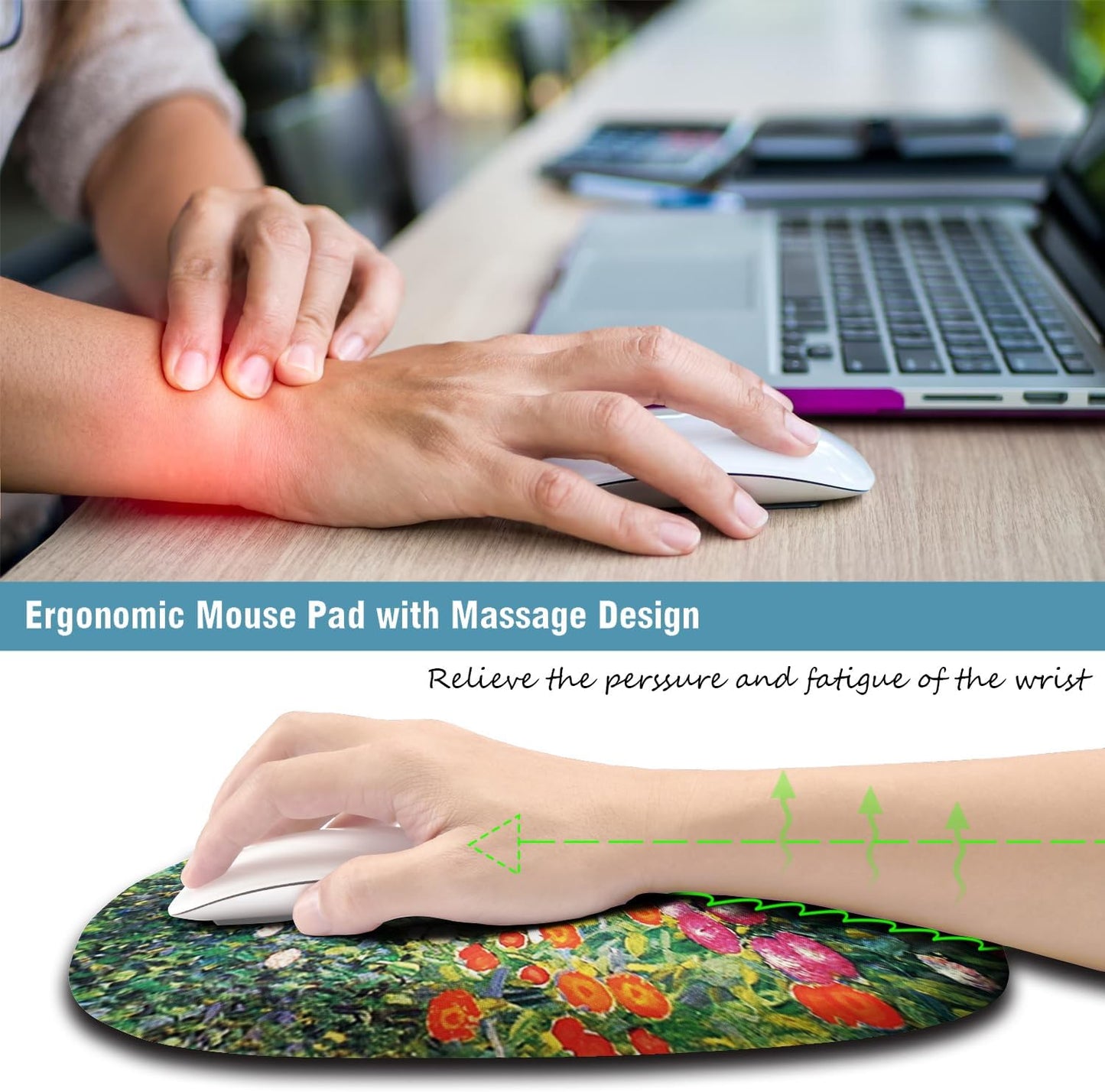 Mouse Pad, Cute Floral Mouse Pad with Wrist Rest Support and Non-Slip PU Base, Ergonomic Mousepad for Pain Relief, Office & Home, Computer, Oil Painting Flowers