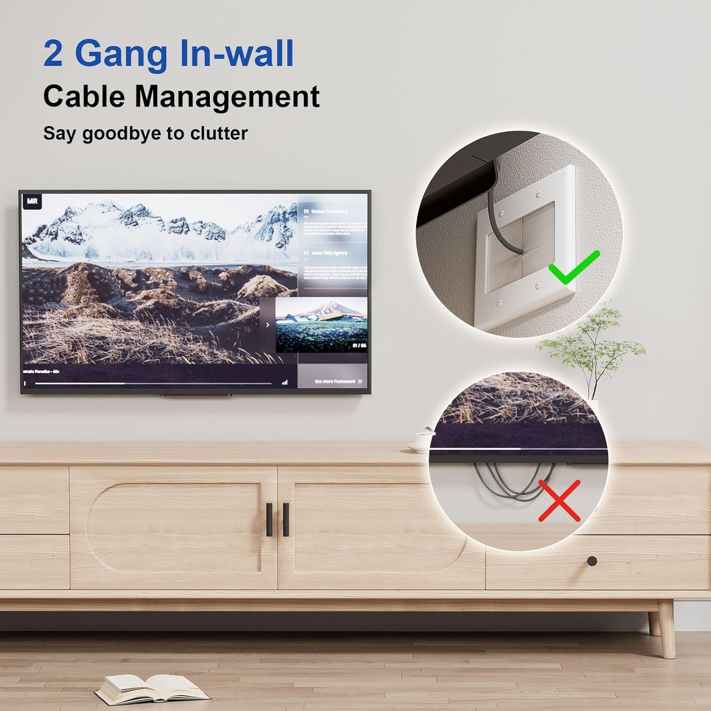 iwillink 2 Gang Brush Wall Plate with Mounting Bracket, Pass Through Wire Hider for Cable Management, Ethernet Cables, HDMI Cables and Home Theater Systems, 2 Pack