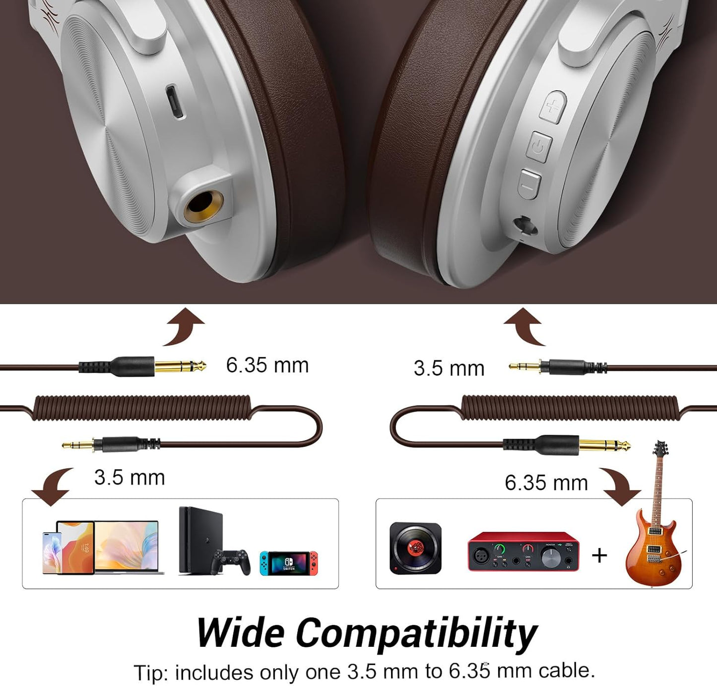 OneOdio A70 Bluetooth Over Ear Headphones, Wireless Headphones w/ 72H Playtime, Hi-Res, 3.5mm/6.35mm Wired Audio Jack for Studio Monitor & Mixing DJ E-Guitar AMP, Computer Laptop PC Tablet - Silver