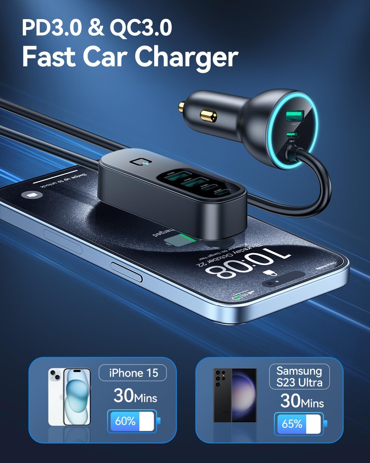 Rocoren 105W 6-Port Multiport Car Charger, PD Fast USB C Car Charger for Multiple Devices,Cigarette Lighter Adapter Car Travel Essentials for Road Trips with 5FT Cable,Car Accessories for iPhone 16/15
