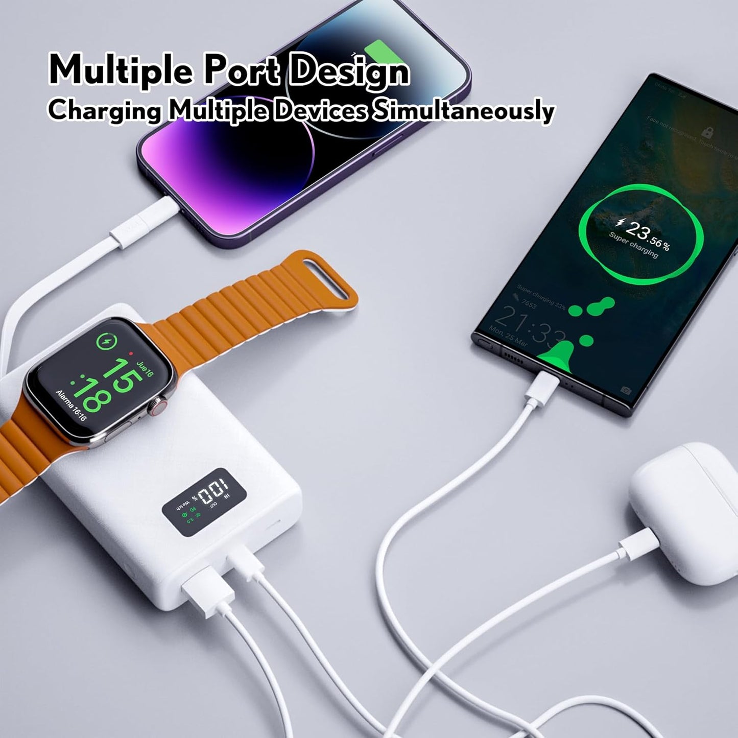 pzoz 20000mAh Portable Power Bank Powerbank Battery Pack with Apple Watch Magnetic Wireless Charger,USB Type C PD Fast Charging Cable Travel High Capacity Compatible iWatch iPhone 16 15 Phone (White)