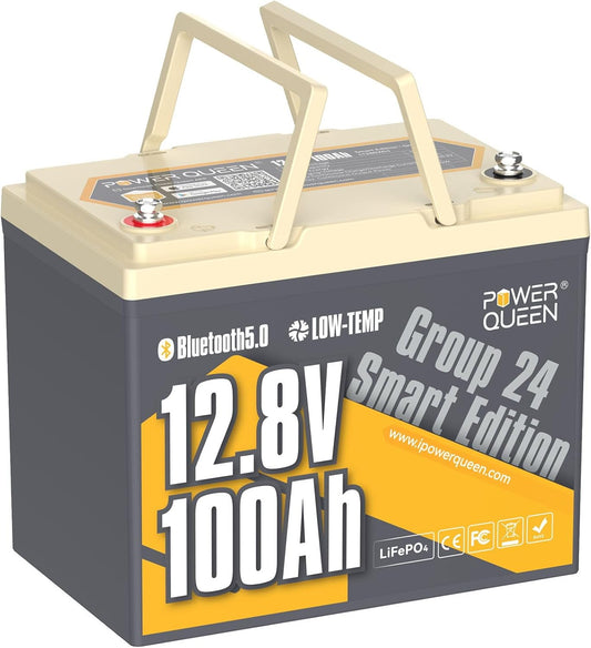 Power Queen 12V 100Ah LiFePO4 Battery Bluetooth Lithium Battery, Low-temp Cut-off Deep Cycle Battery with 100A BMS, 1280Wh Energy, Up to 15000 Cycles for Trailer RV, Motor Home, Marine