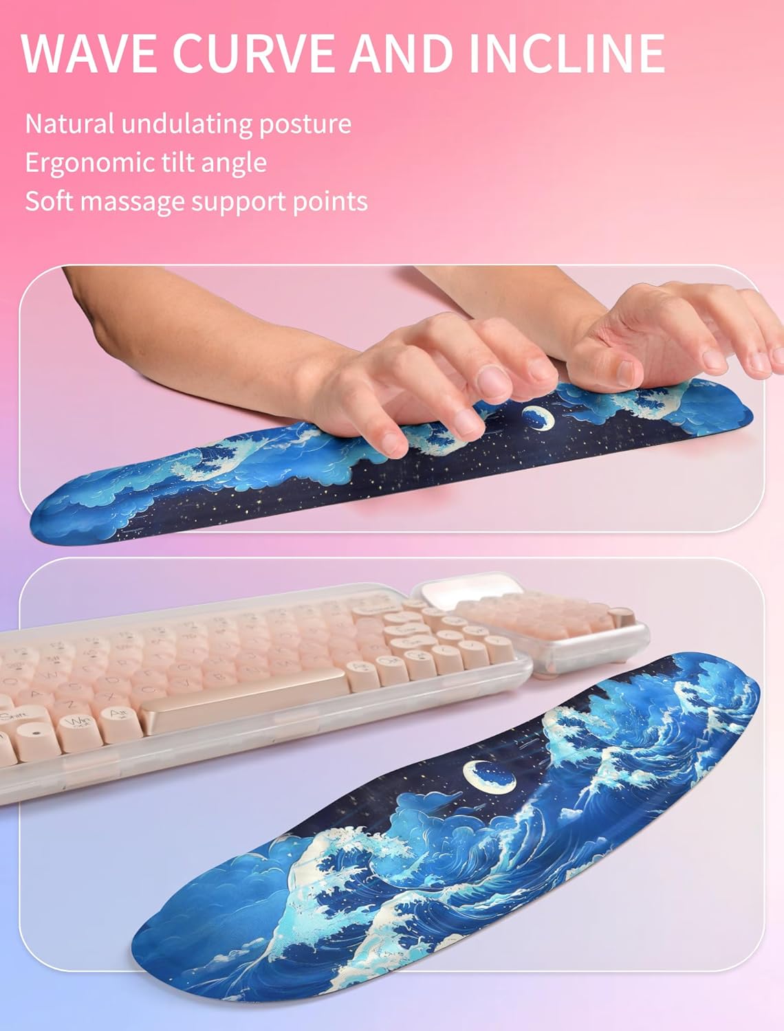 Hokafenle 2in1 Combination, Wave Keyboard Wrist Rest and Ergonomic Curvature Mouse Pad Wrist Support for Relieve Wrist Pain, Filled with Soft Cushion Memory Foam, Crescent Waves