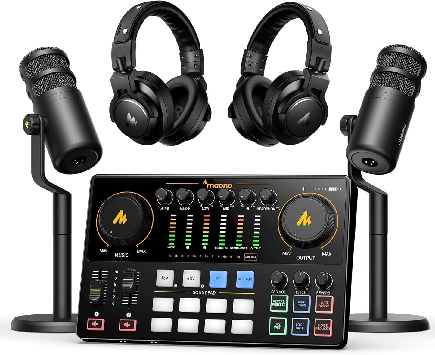 MAONO Podcast Equipment Bundle for 2: Audio Interface Mixer with 2 XLR Dynamic Mic and 2 Headphone Noise Reduction Podcast Streaming MaonoCaster E2 Gen2