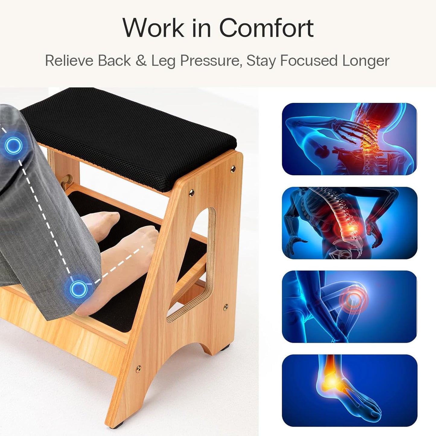 StrongTek Double Step Footrest, Adjustable Wooden Foot Stool with 3 Height Levels, Cushioned Top & Non-Slip Base, Ergonomic Under Desk Leg Rest for Office Home
