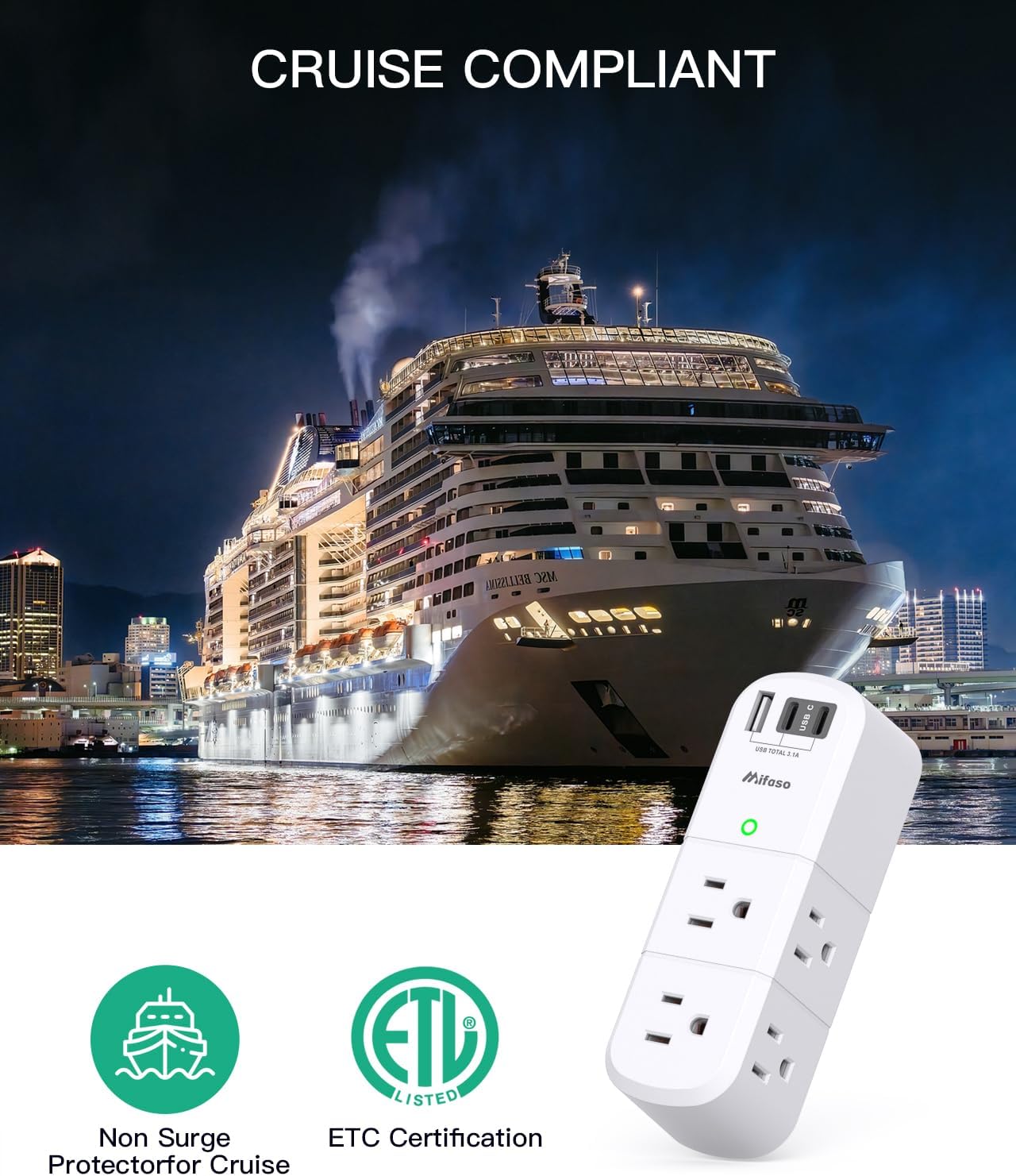 Cruise Ship Essentials - Outlet Extender with Rotating Plug, 6 AC Outlets with USB Charging Ports, Multi Plug Wall Outlet USB C Charger Hub, Non Surge Protector Non Extension Cord