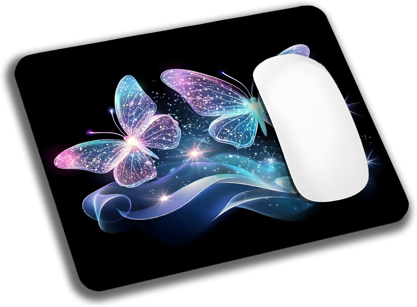 Blue Glitter Butterfly Mouse Pads for Desk, Portable Wireless Computer Mouse pad Small Design with Women, Non-Slip Rubber Base Laptop Mousepad 9.5" x 7.9" Smooth Surface for Office & Travel