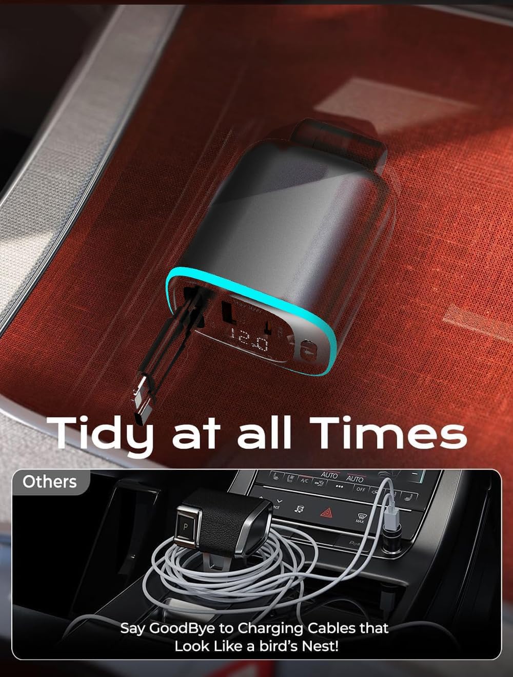 Retractable Car Charger 90W USB C Car Charger Adapter Fast Charging, Gift for Men, Car Accessories