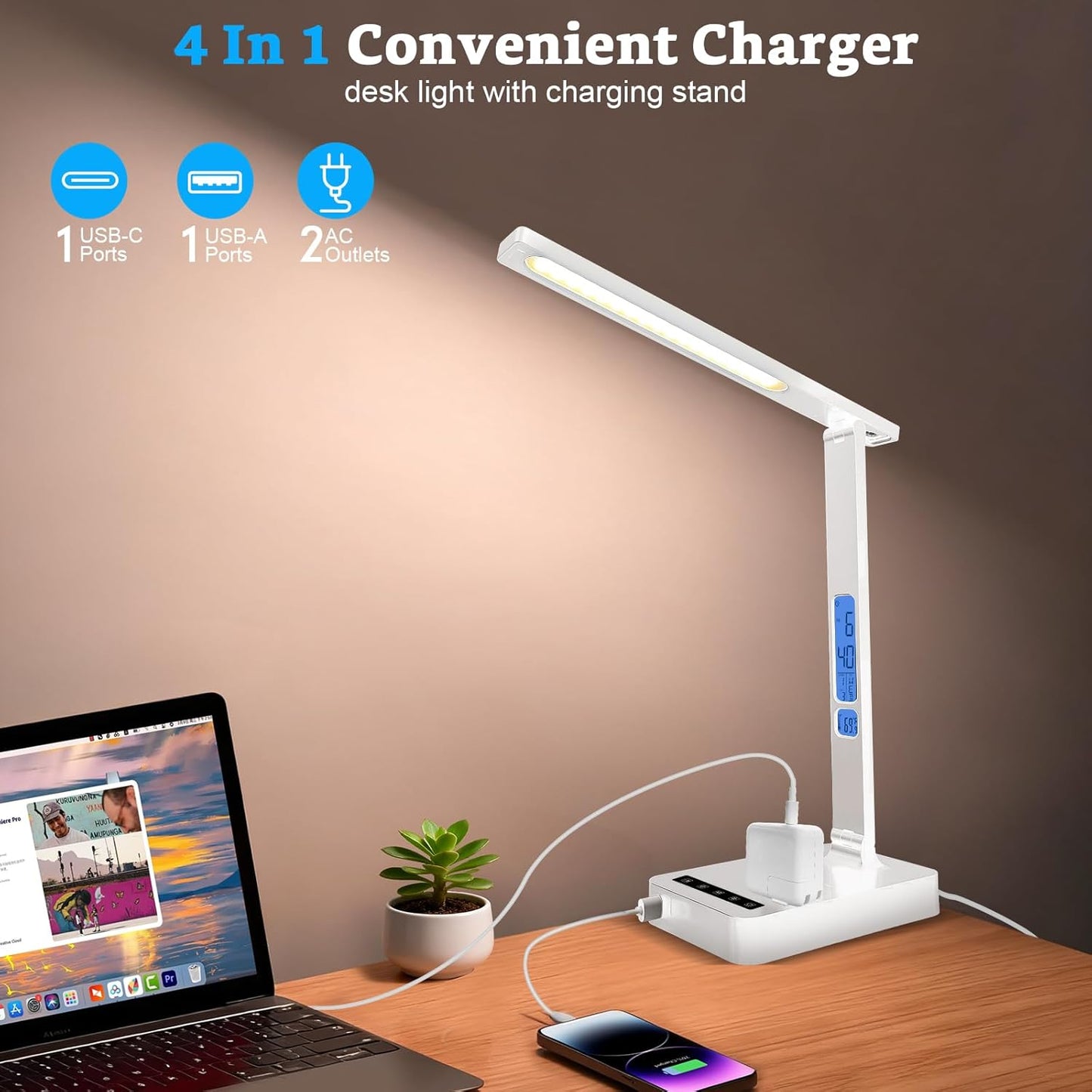 Smart Desk Lamp with Dual USB Charging (Type-C/USB-A) & 2 AC Outlets, Digital Clock, Temperature Display, 5 Color Modes, 5 Brightness, Adjustable - for Office, Bedroom, Dorm Room, Study