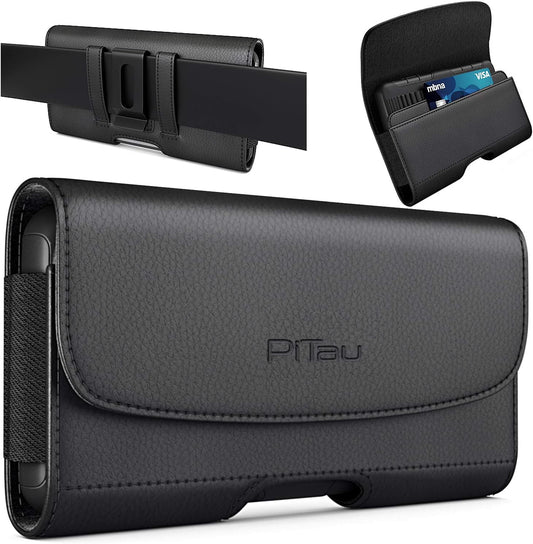 PiTau Holster for iPhone SE, 8, 7, 6s, 6, Premium Cell Phone Belt Holder Case with Clip Loops ID Card Carrying Pouch Cover, (Fits Apple Phone with Case on) Black Small