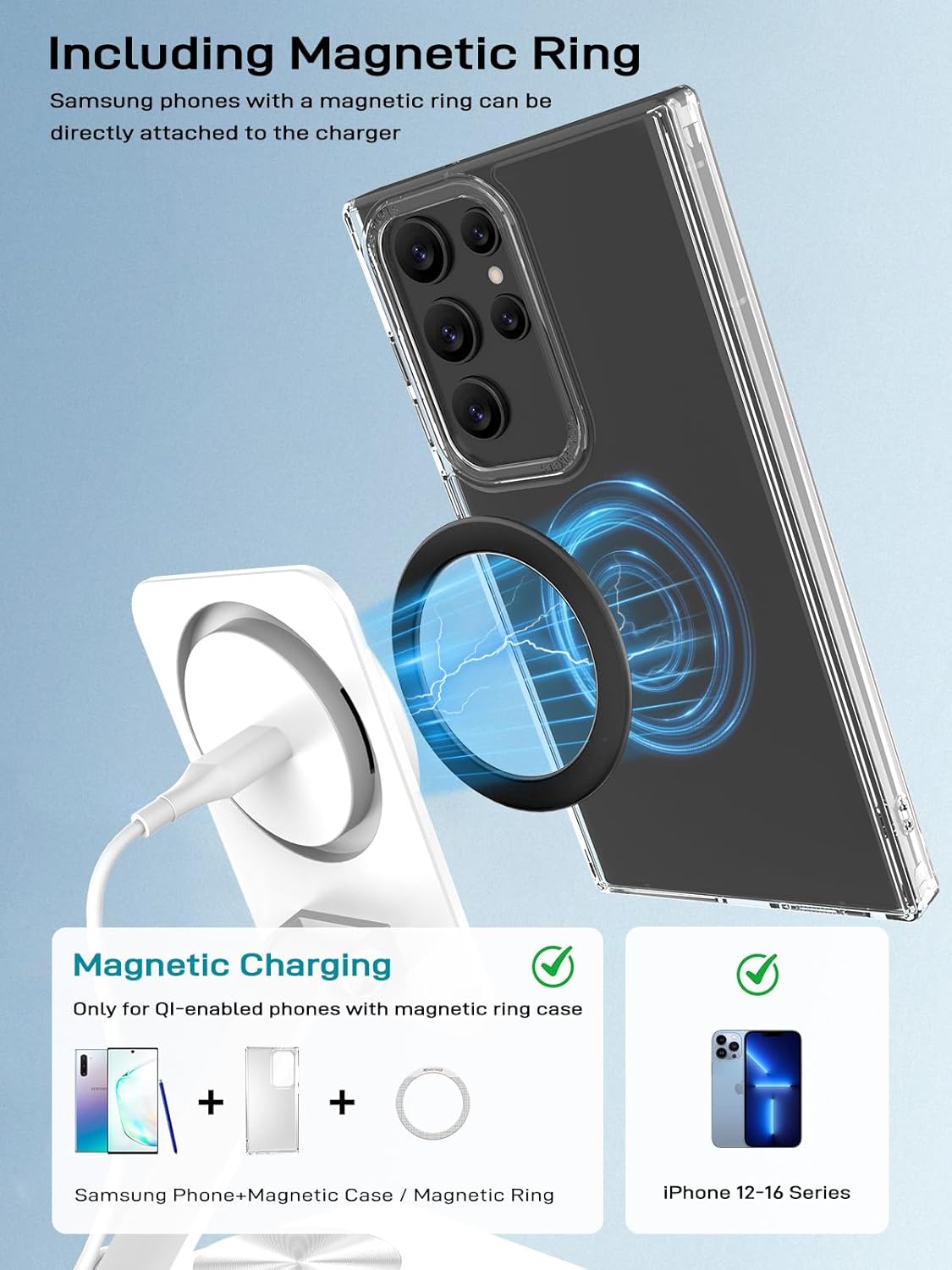 Compatible with MagSafe Charger, 15W MagSafe Charger Stand, 360°Rotation Base Adjustable Foldable Wireless Charger for Samsung Galaxy S25 Ultra/Z Fold7/Flip7/iPhone 16/Pixel 10 Pro/Pixel 10 Pro Fold