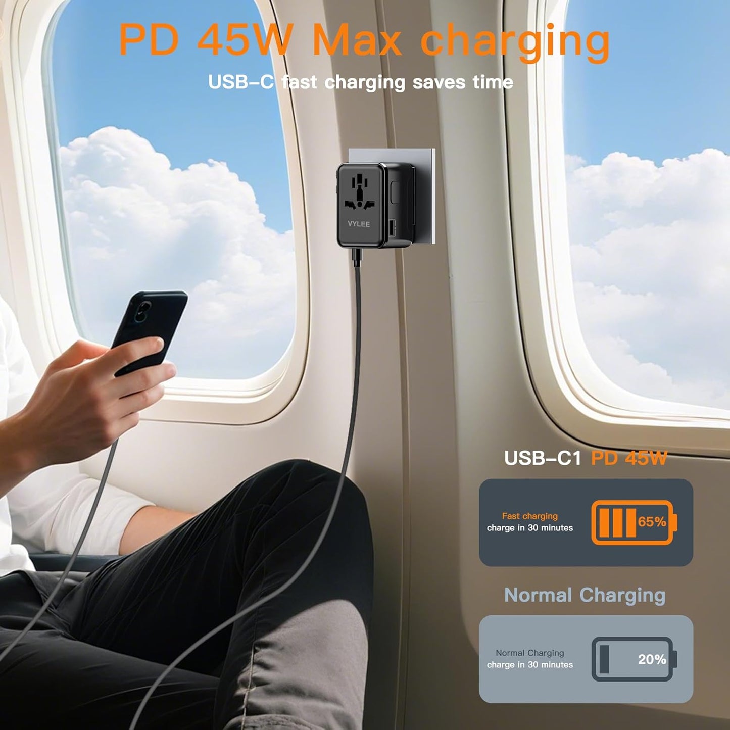 Universal Travel Adapter, VYLEE 45W International Plug Adapter with PD Fast Charging, 5-Port (1 AC/1 USB-A/3 USB-C), Wall Charger Worldwide Travel Essentials Plug for USA EU UK AUS Japan (Black)