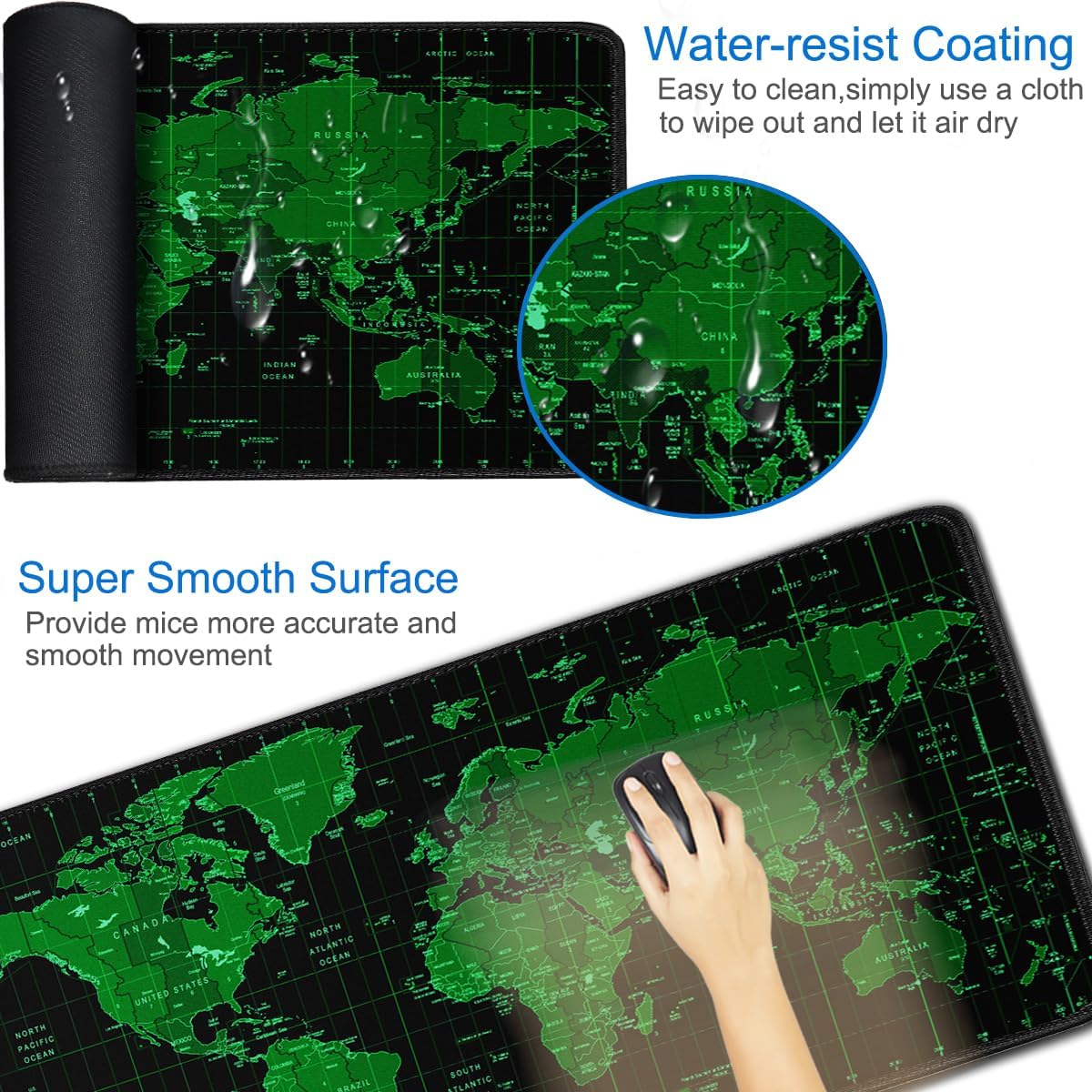 Large Gaming Mouse Pad, 31.5x15.7 inch Large Extended Computer Keyboard Mouse Mat, Water Resist Non-Slip Mousepad Rubber Base Long XXL Desk Mouse Pad for Work & Gaming, Office & Home, Green Map