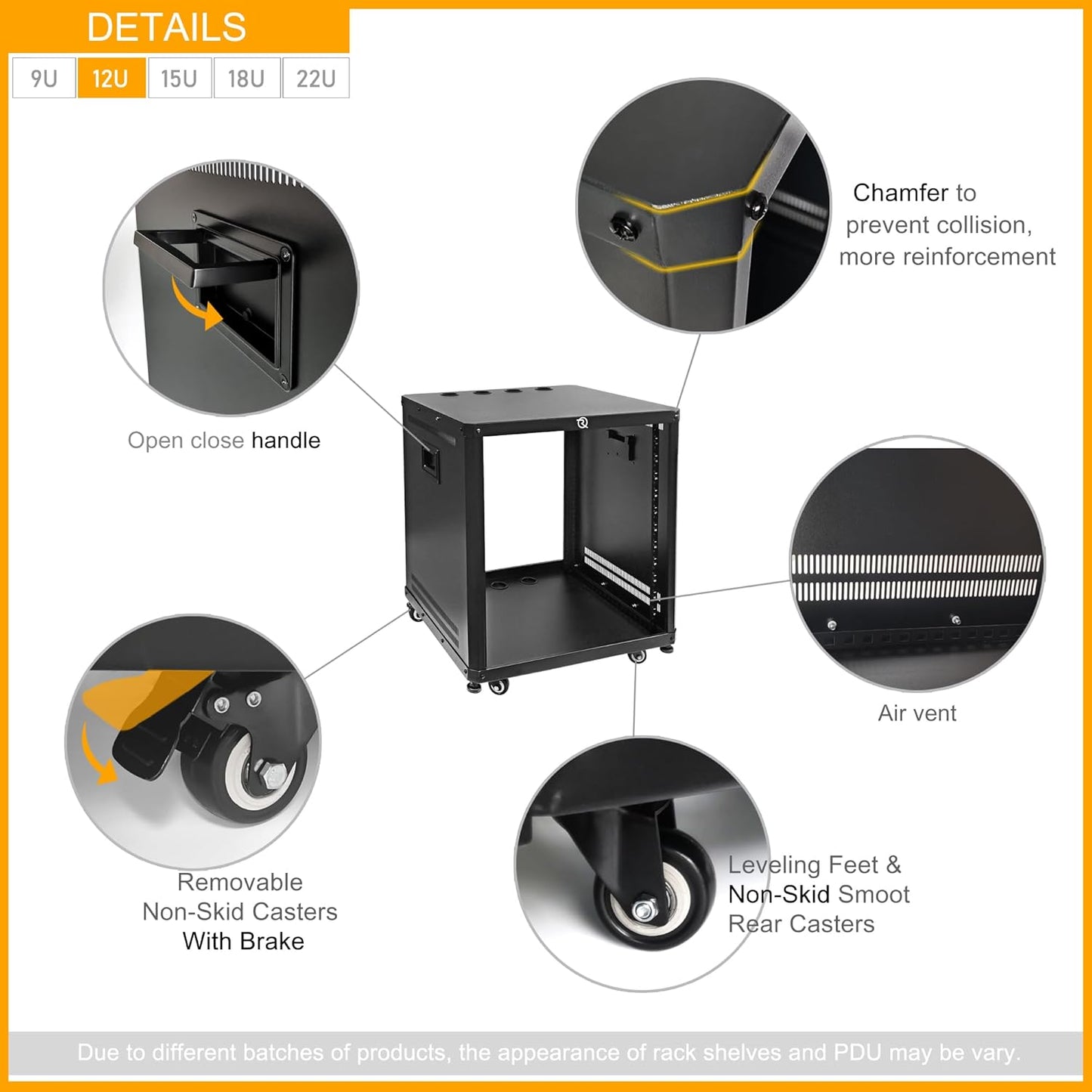 RIVECO POMU 6U Stereo & Studio Rack with Caster Wheels, Rolling Network Cabinet, Open Frame Audio Rack for 19 inches Video Music Recording & IT Equipment, Obtuse Angel, Lifting Handle