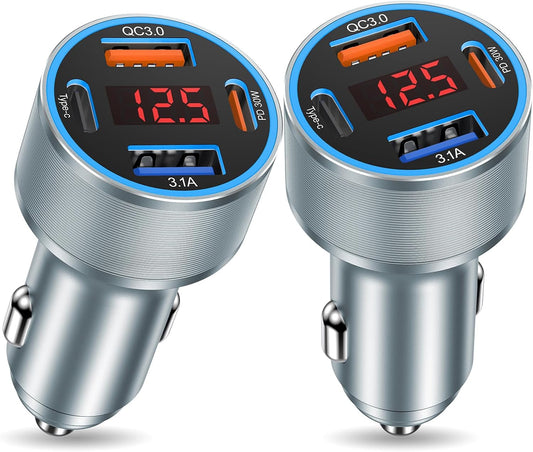 USB C Fast Car Charger, 2Pack 4-Port Fast Charging Car Charger with Voltage Display, Type C Car Chargers for Multiple Devices,USBC Phone Adapter for iPhone 16e 16 15 Pro Max,Galaxy,iPad,Pixel,Android