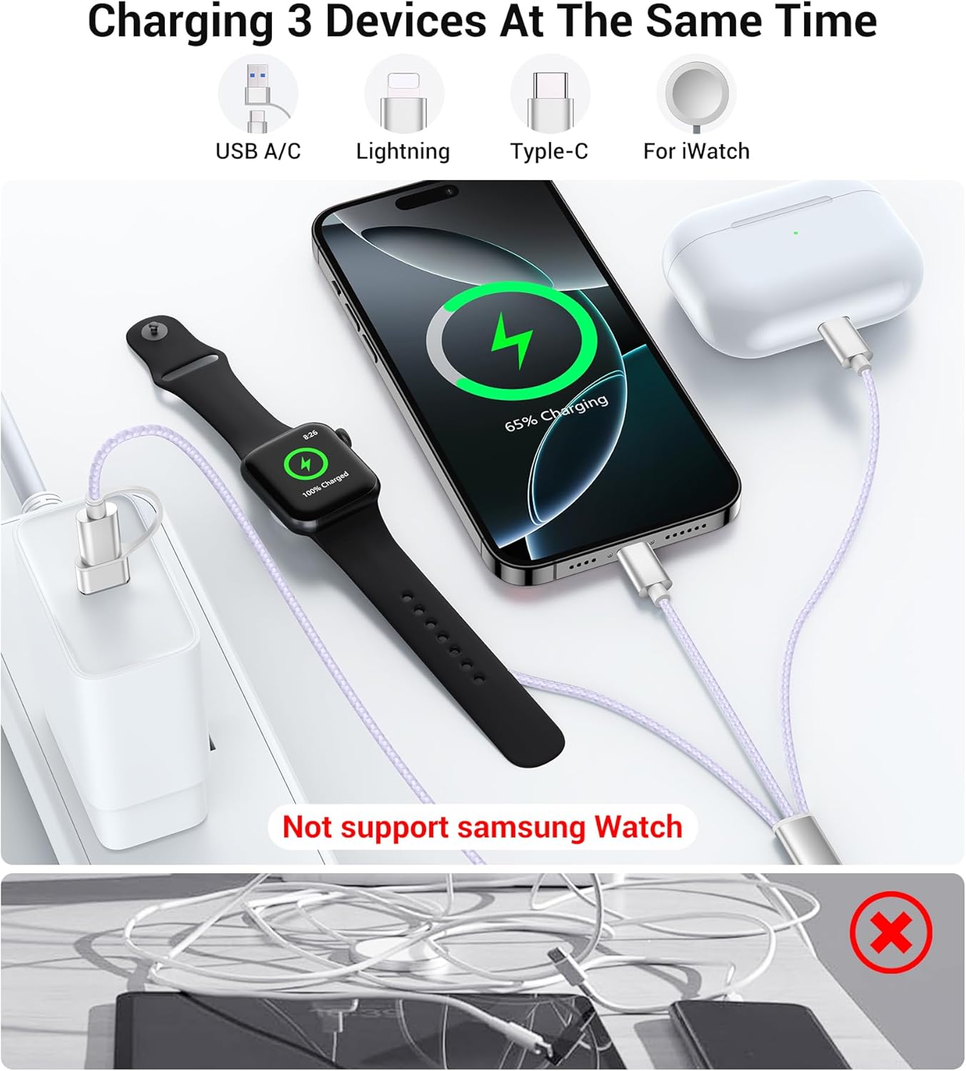 Temdan for Travel Vacation Essentials,3 in 2 USB C Cable for Apple Watch Charger/iPhone 16 Charger/Lightning,Multi Charging Cable Cord,Camping Essentials,Designed for iWatch &iPhone 16-12-4FT Purple