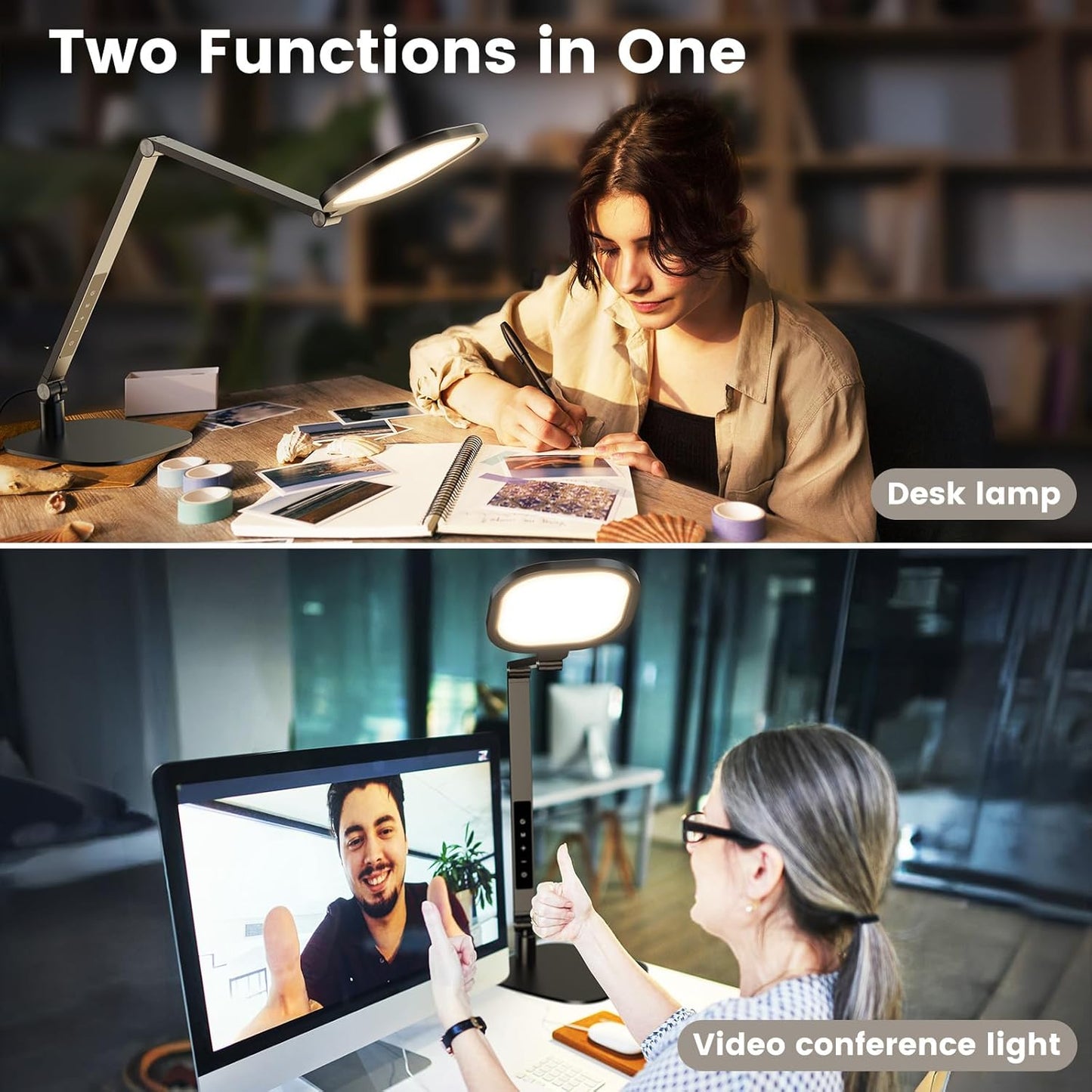 LED Desk Lamp for Home Office, 15W Desk Light with CRI >95, Memory & Timer Function, 1200LM Dimmable Computer Light for Video Calls, Conference, Reading, Study (Black-2packs)