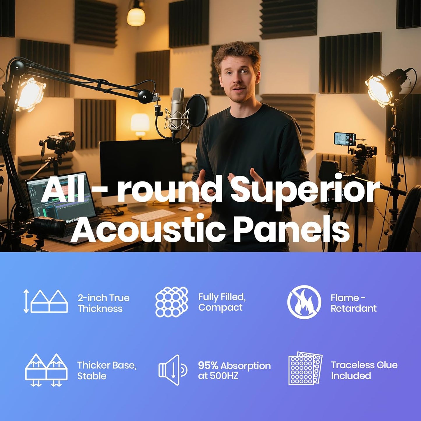 Focusound Black White Acoustic Panels 50 Pack 2"x12"x12" with 300 PCS Double-Side Adhesive - Sound Proof Pyramid Foam for Walls, Home Studio Noise Absorption & Echo Control Kit