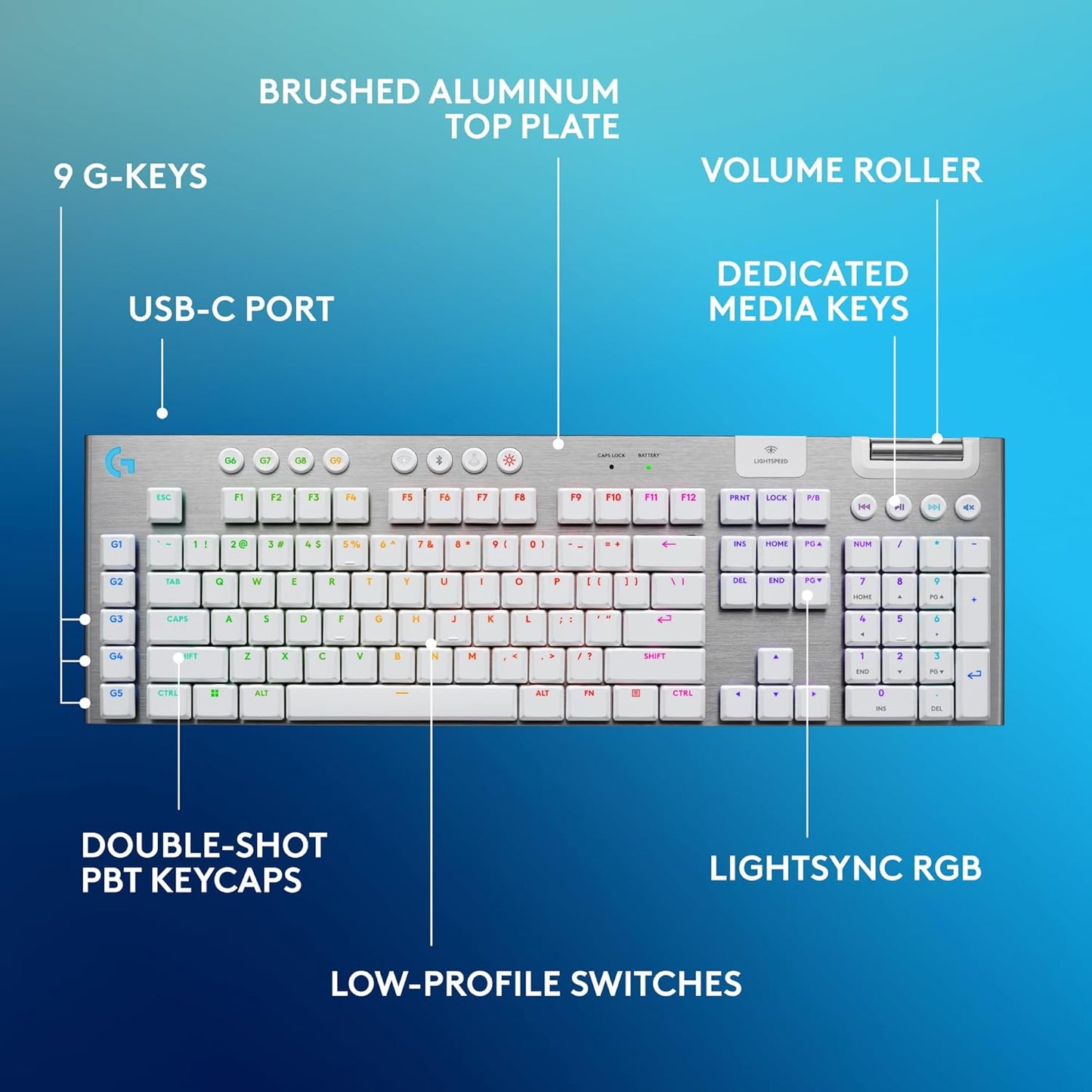 Logitech G915 X Lightspeed Wireless Mechanical Gaming Keyboard, Double-Shot PBT Keycaps, Fully Programmable Keys, RGB Backlit Mac/PC Gaming Keyboards, Aluminum Finish, GL Tactile Switches, White