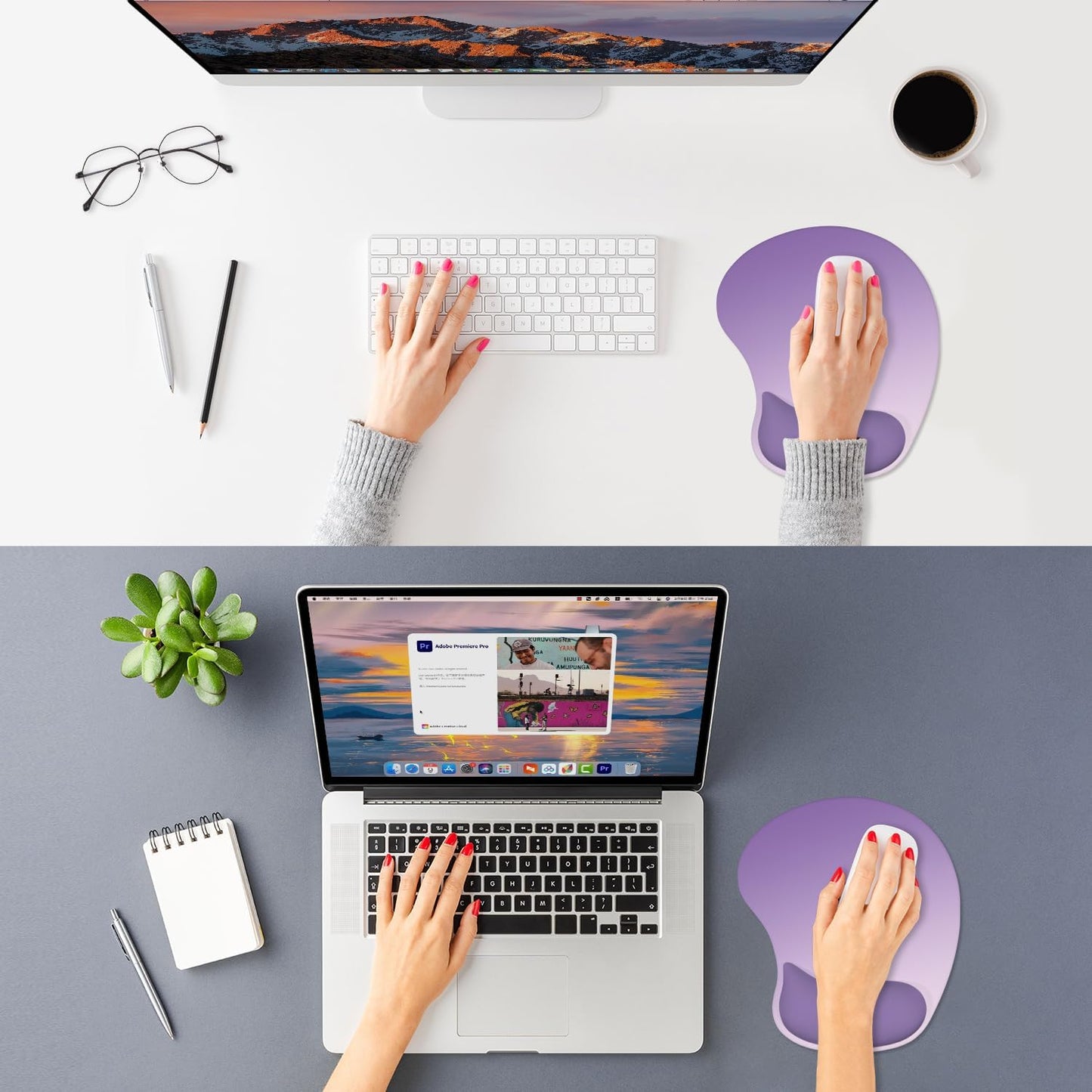 ITNRSIIET Ergonomic Mouse Pad, Cushioned Gel Wrist Rest, Non-Slip Base, Smooth Surface, Cute Multi-Color, 9.5 x 8.2 in, Lavender Fade