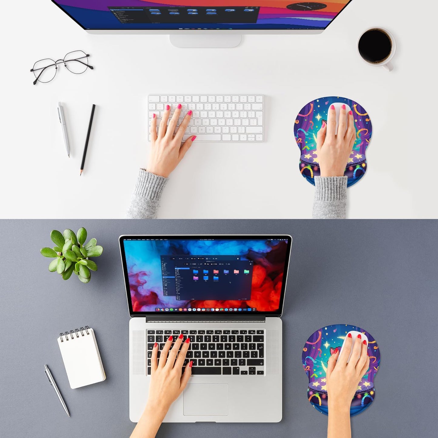 ITNRSIIET Ergonomic Mouse Pad with Comfort Gel Wrist Rest, Non-Slip PU Base, Smooth Textured Surface, Reduces Hand Fatigue & Wrist Pain, 8.7 x 7.2 Inch for Office Gaming Home, PixelPartyCat