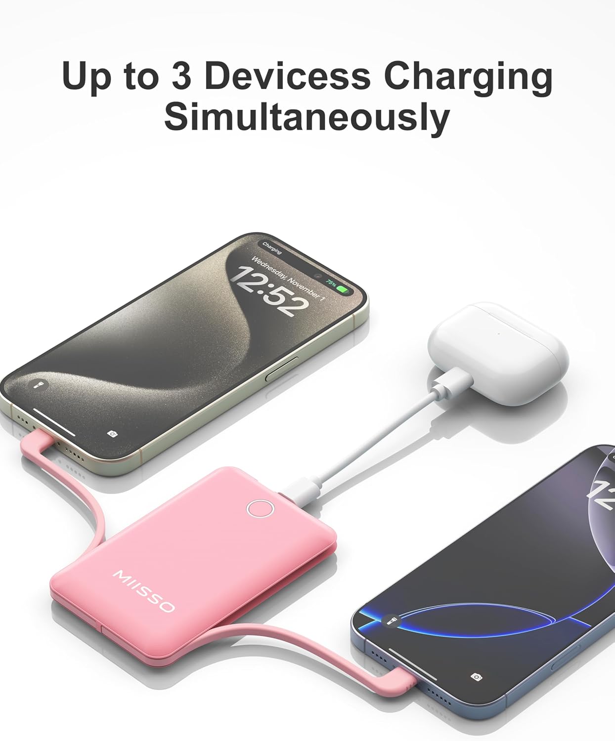 miisso 10000mAh Slim Portable Charger with Built in Cable, Power Bank Travel Charger External Battery Pack for Phone, 3 Output USB Type C Cord Clutch Charger Compatible with iPhone, Pink