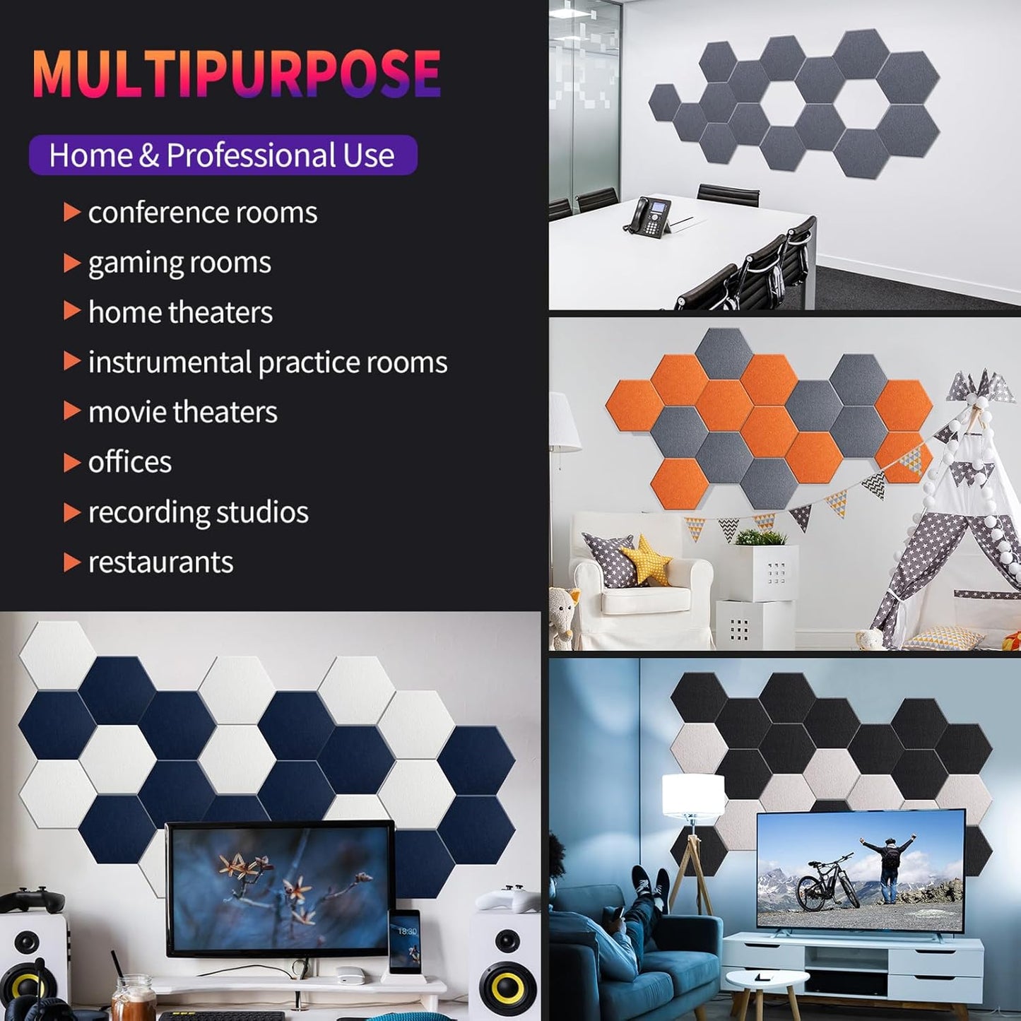 Mollywell Hexagon Acoustic Panels, High Density, Soundproofing, Decorative Noise Reduction Felt Wall Tiles for Ceilings, Home Office & Gaming Room (Black), 12x10x0.4 Inch