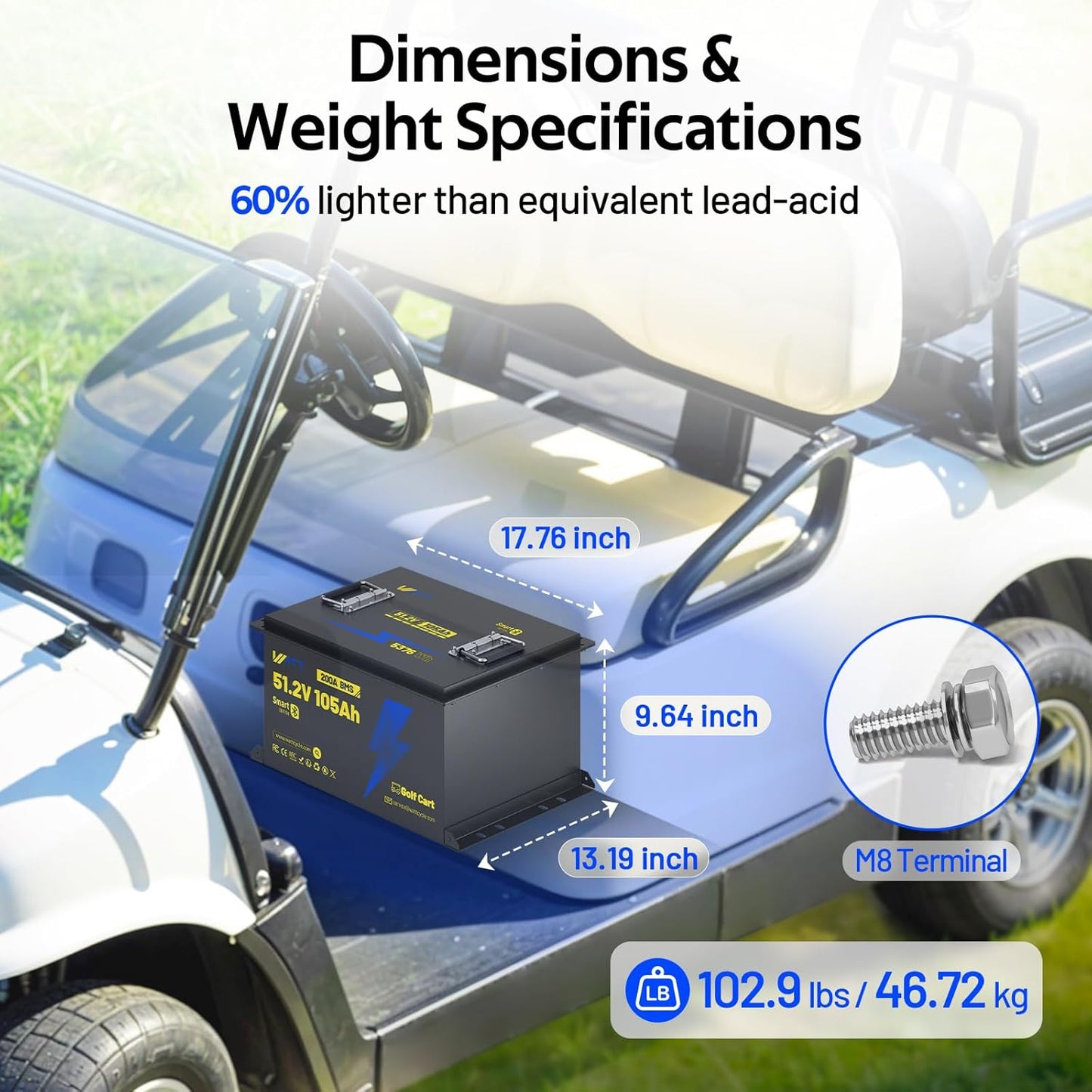 48V(51.2V) 105Ah LiFePO4 Lithium Golf Cart Battery with 48Volt 15A Charger Built-in 200A BMS & Bluetooth, Range of 70 Miles 600A Peak Current for Golf Cart Deep Cycles Batteries Kit